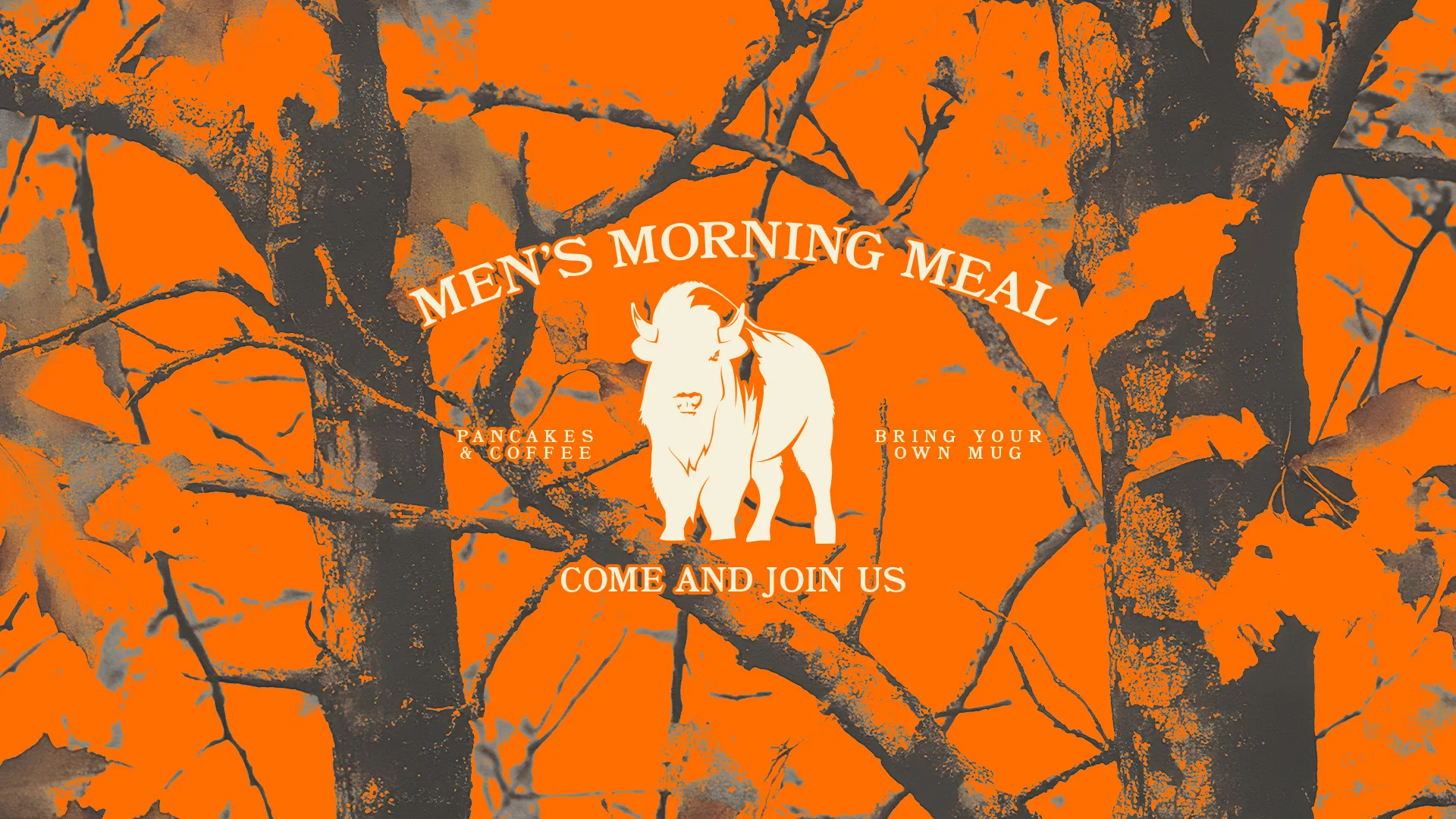 Men's morning meal invitation featuring pancakes, coffee, and fellowship in a vibrant autumn setting. Join us!