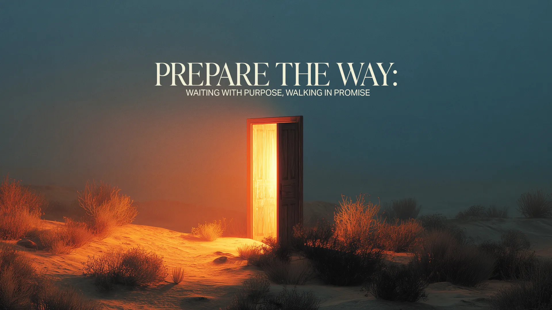 Open door radiating light in a desert landscape, symbolizing hope, purpose, and spiritual journey in faith.