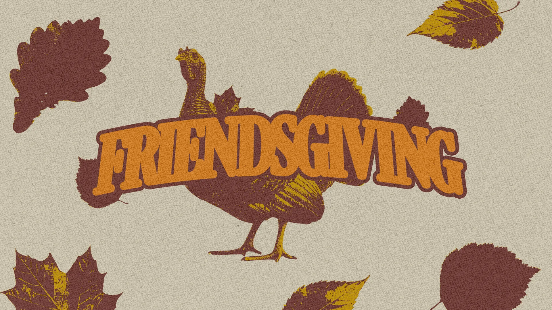 Warm autumn leaves surround the bold text "FRIENDSGIVING" with a turkey, symbolizing community and gratitude in faith.