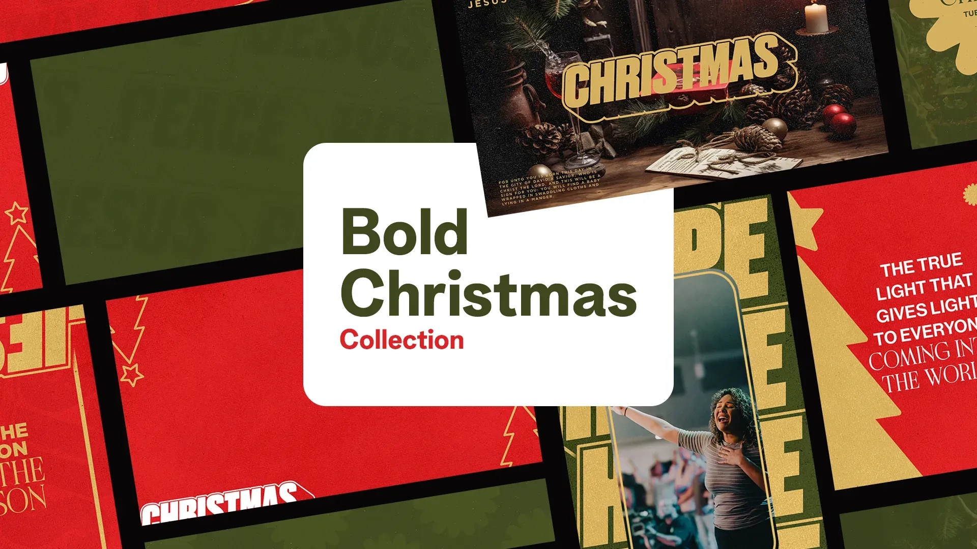Collage of Christmas-themed church media designs with "Bold Christmas Collection" text overlay, featuring various graphics and images in red, green, and gold.