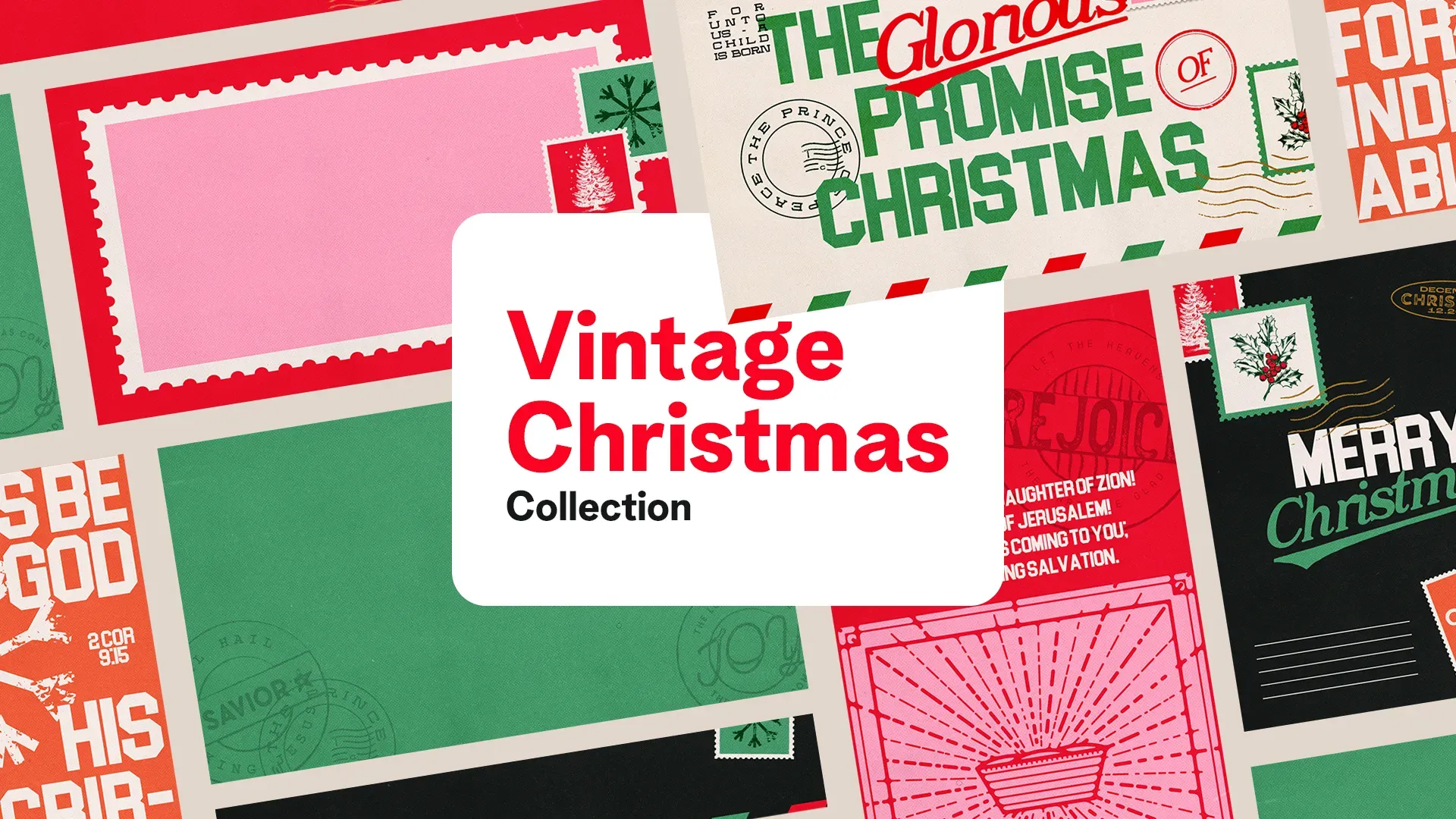 Vintage Christmas church media collection showcasing various retro-inspired designs, typography, and postage stamp elements in festive colors.