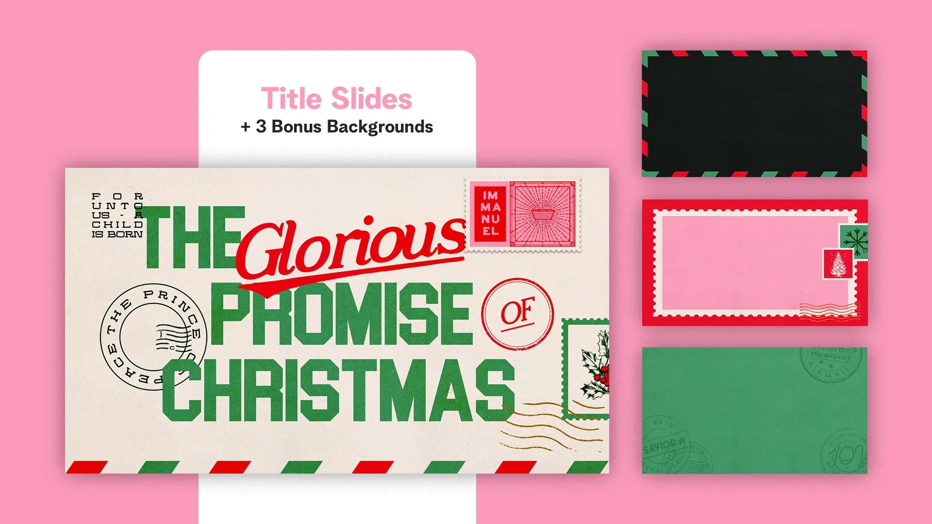 Vintage Christmas church media collection showcasing various retro-inspired designs, typography, and postage stamp elements in festive colors.