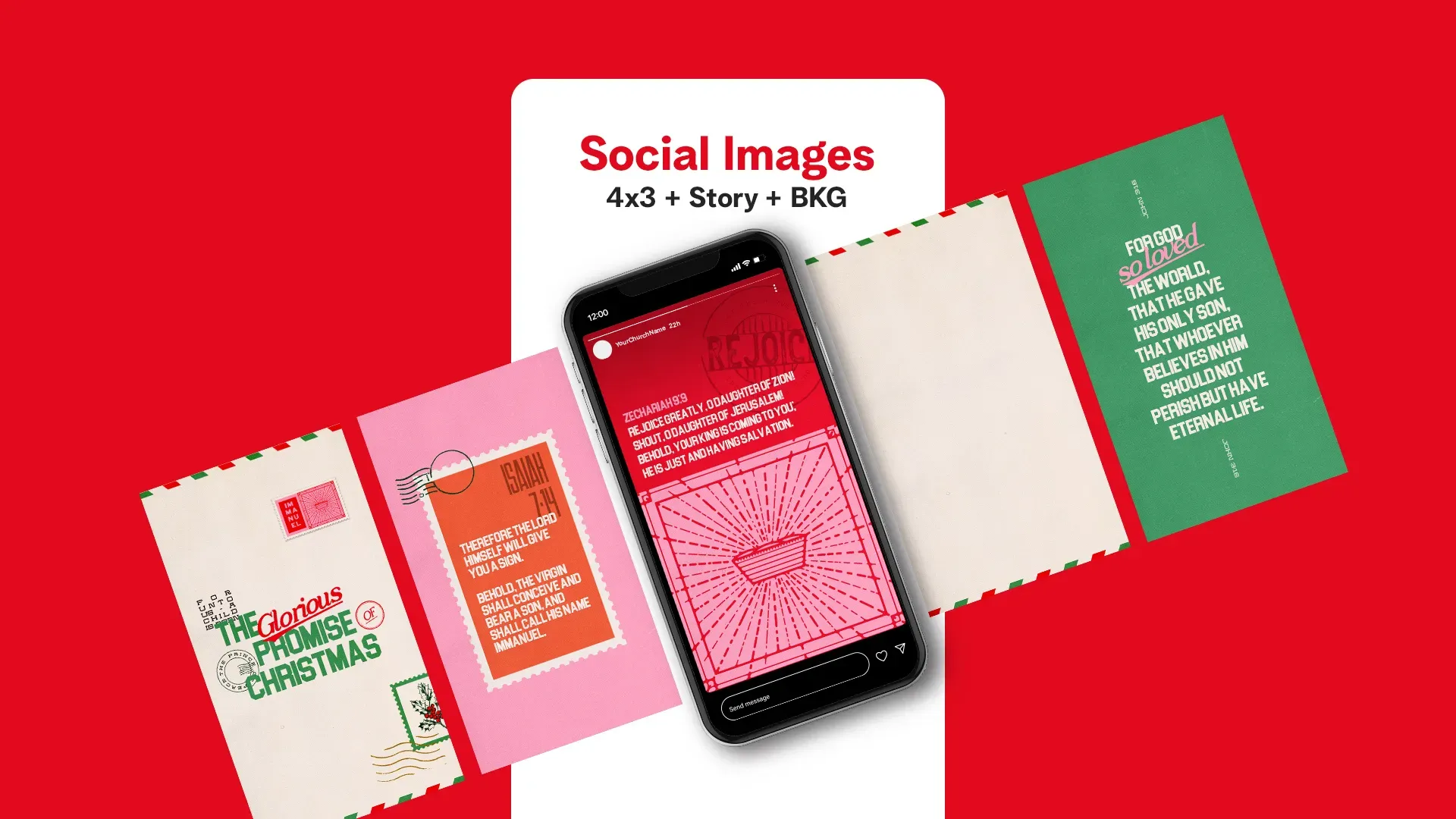 Vintage Christmas church media collection showcasing various retro-inspired designs, typography, and postage stamp elements in festive colors.