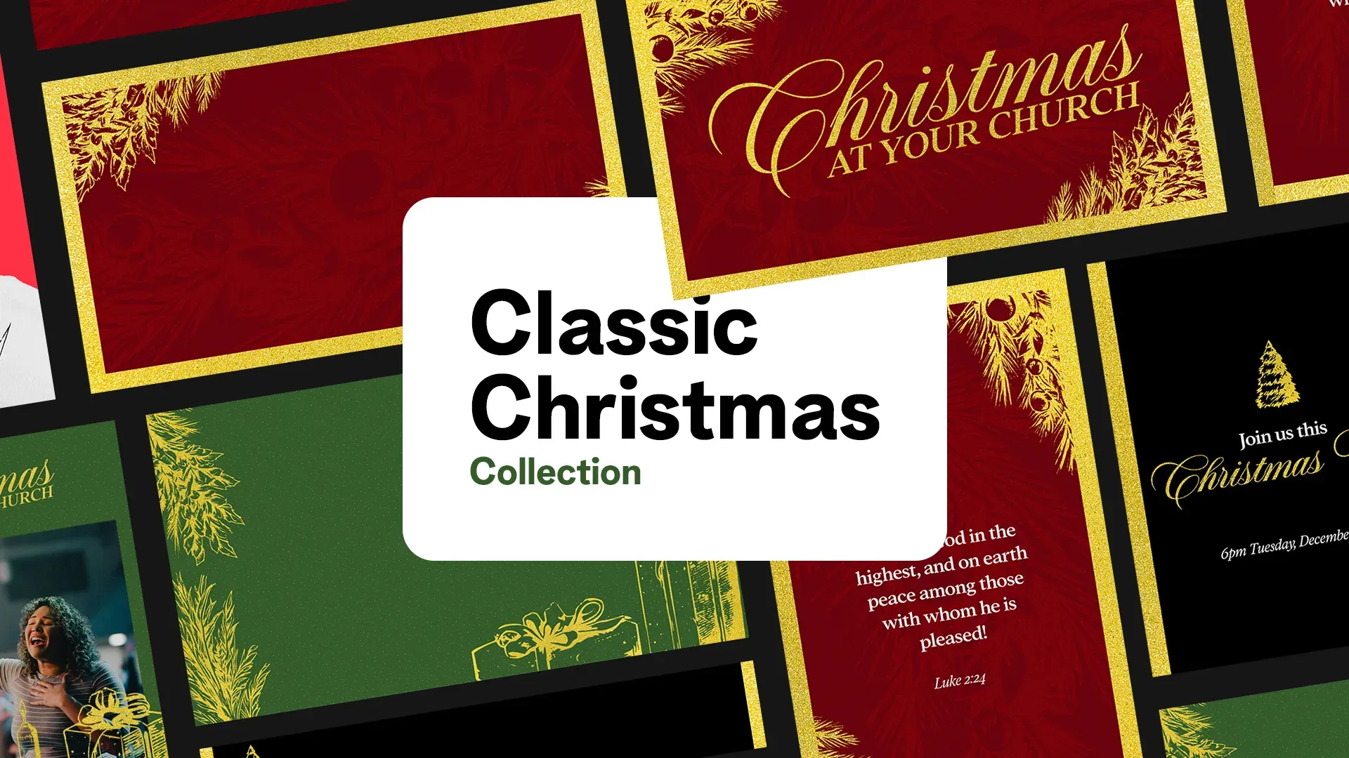 Classic Christmas Collection featuring various church media designs with red, green, and gold color schemes, including service announcements and scripture displays