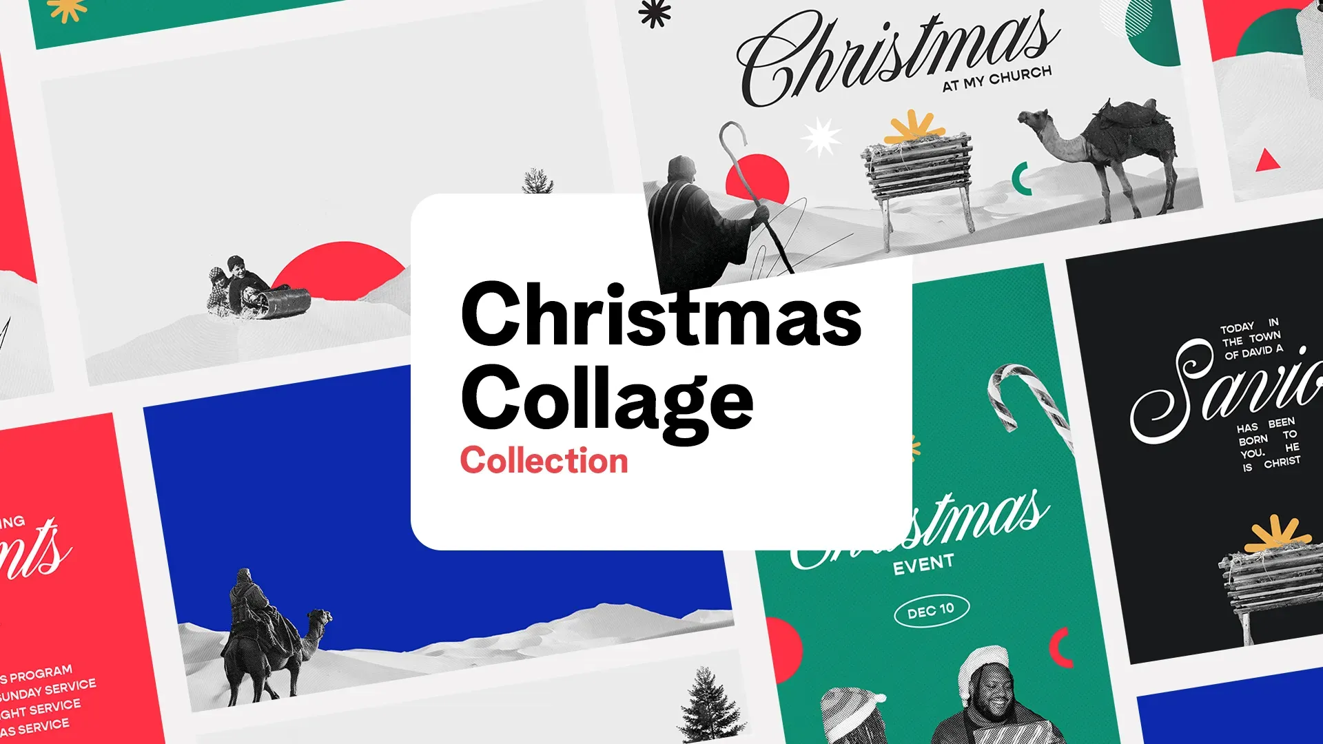Christmas Collage Collection featuring diverse design templates for church holiday promotions, including nativity scenes, modern graphics, and event announcements