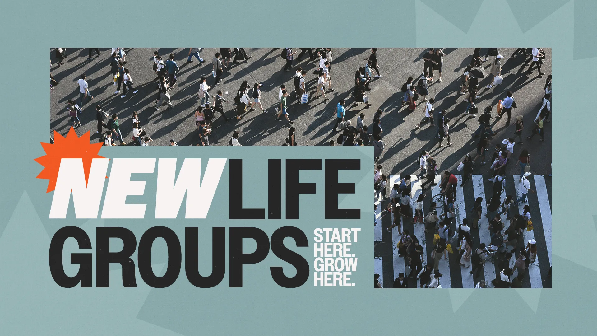 Diverse crowd walking together, symbolizing community and connection in faith. "New Life Groups" encourages growth and fellowship.