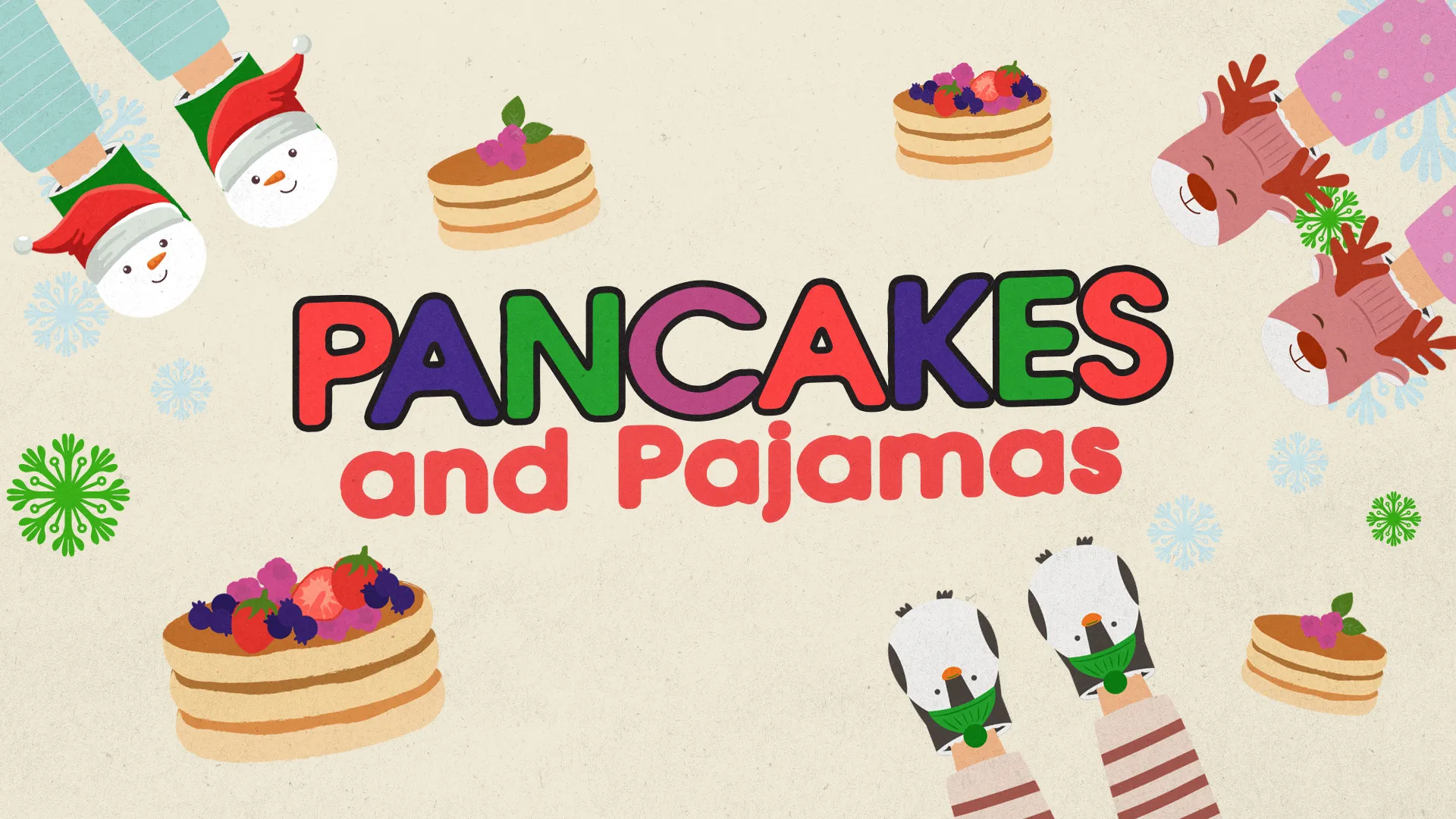 Pancakes and pajamas theme with festive imagery, inviting community celebration and fellowship in a joyful atmosphere.
