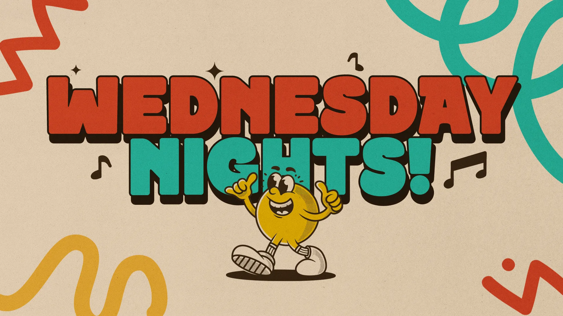 Colorful text promotes "Wednesday Nights!" with a cheerful character, inviting community and joyful worship activities.