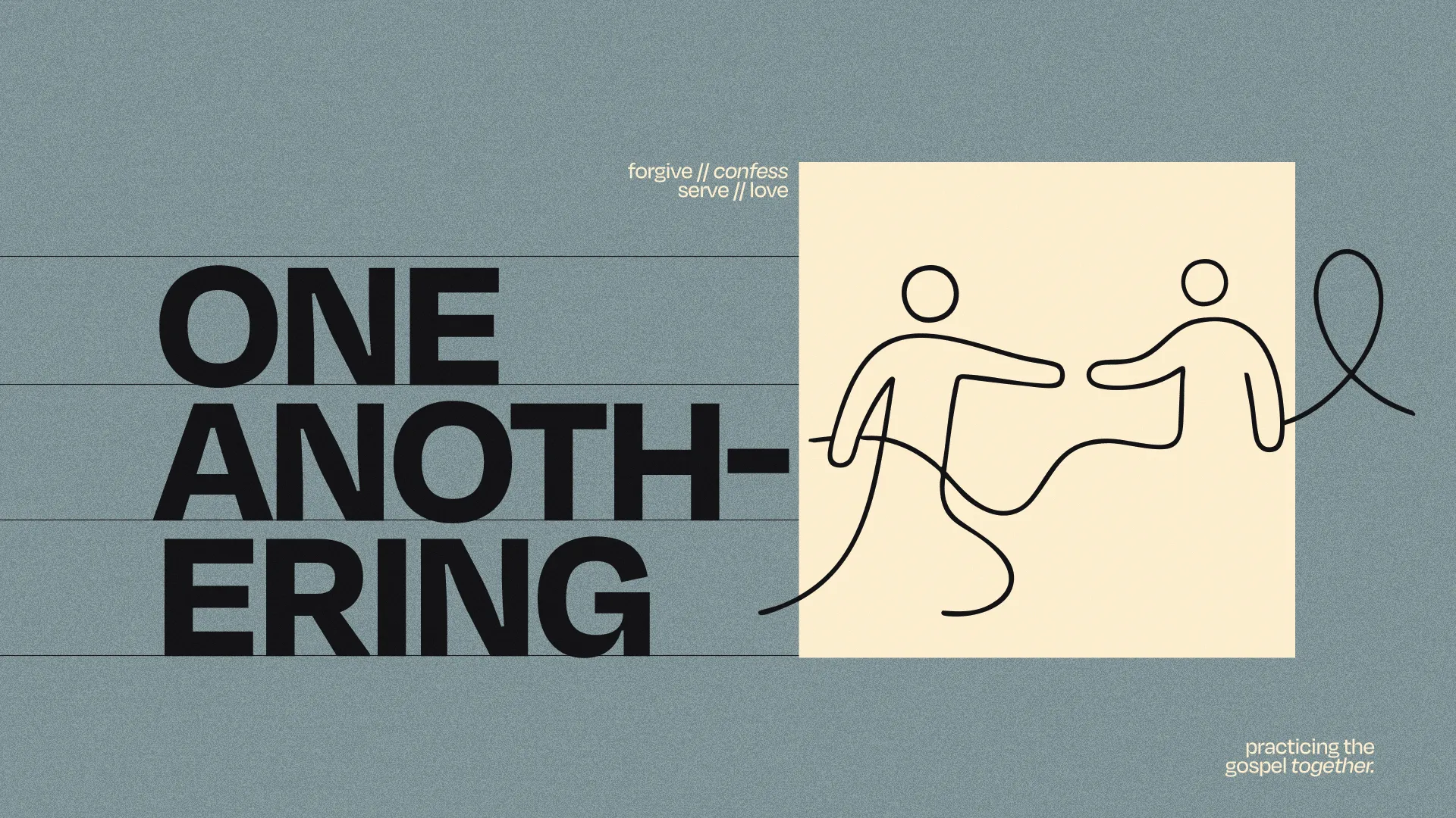 "Emphasizing community and faith, two figures connect with lines symbolizing forgiveness, service, and love."