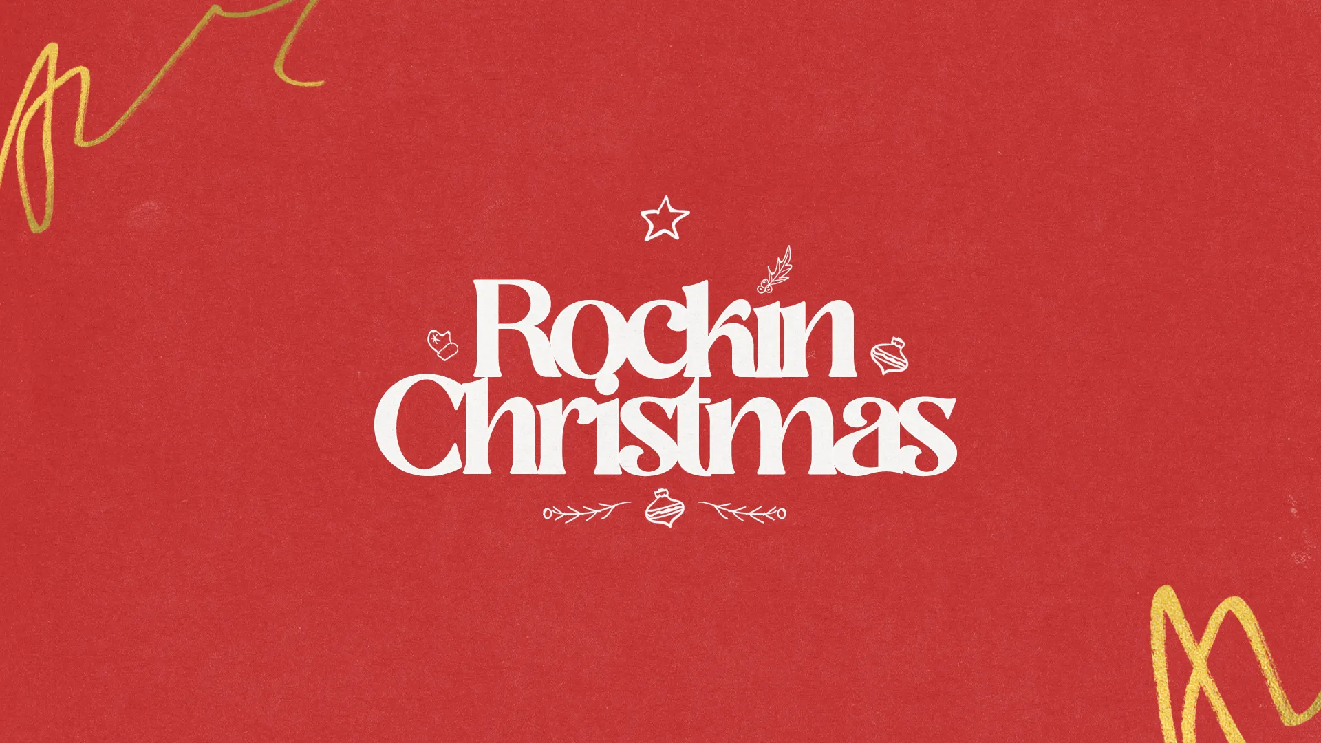 Festive red background with "Rockin' Christmas" in bold white letters, adorned with holiday icons, celebrating community and faith.