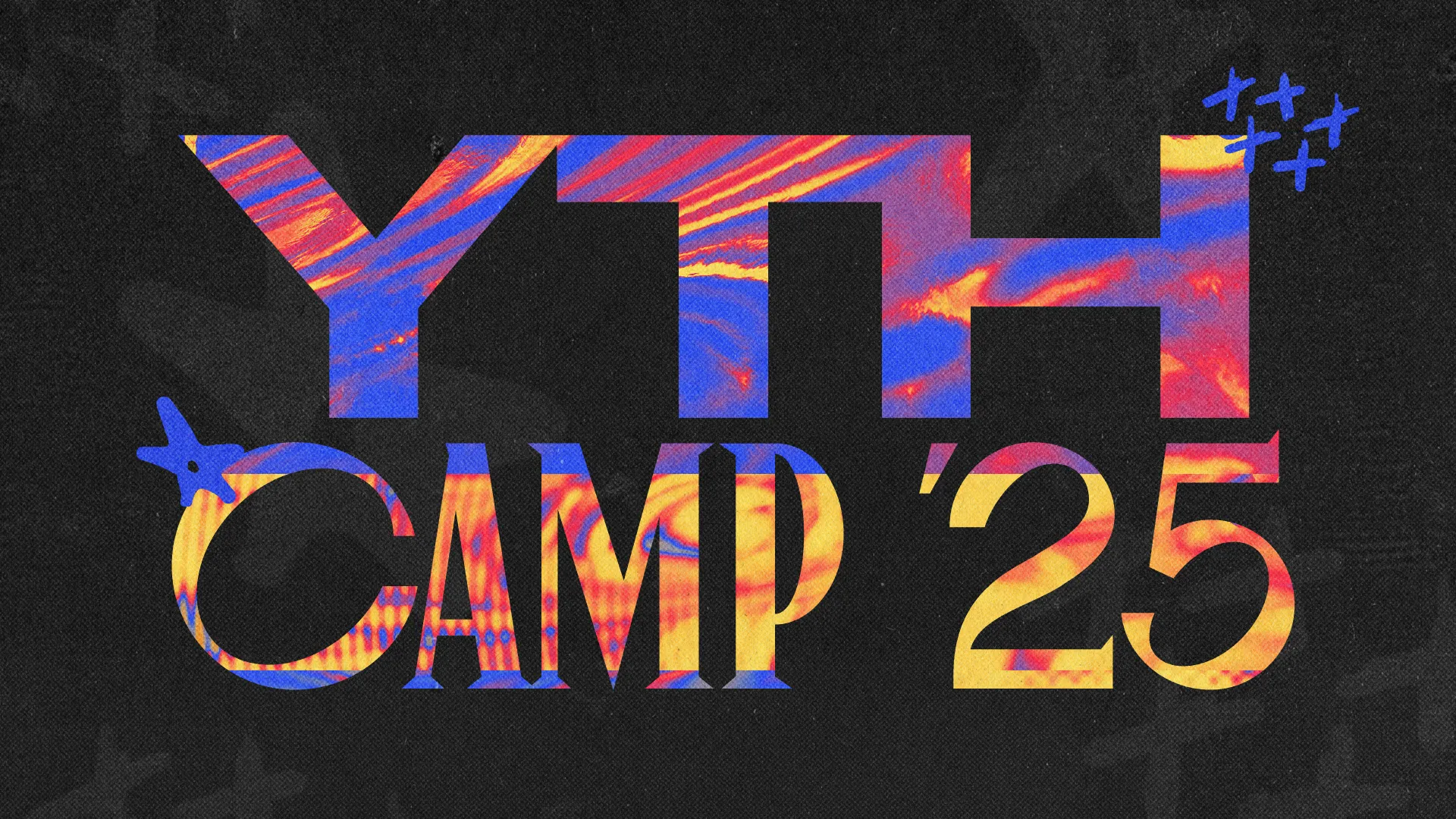 Vibrant text announces "YTH CAMP '25," symbolizing youth fellowship and spiritual growth in a dynamic, colorful design.
