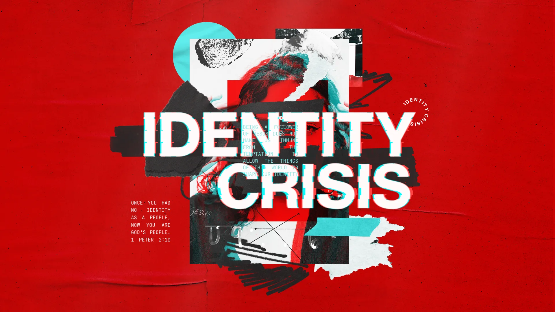 Bold text "IDENTITY CRISIS" on a vibrant red background, emphasizing themes of faith, community, and spiritual identity.