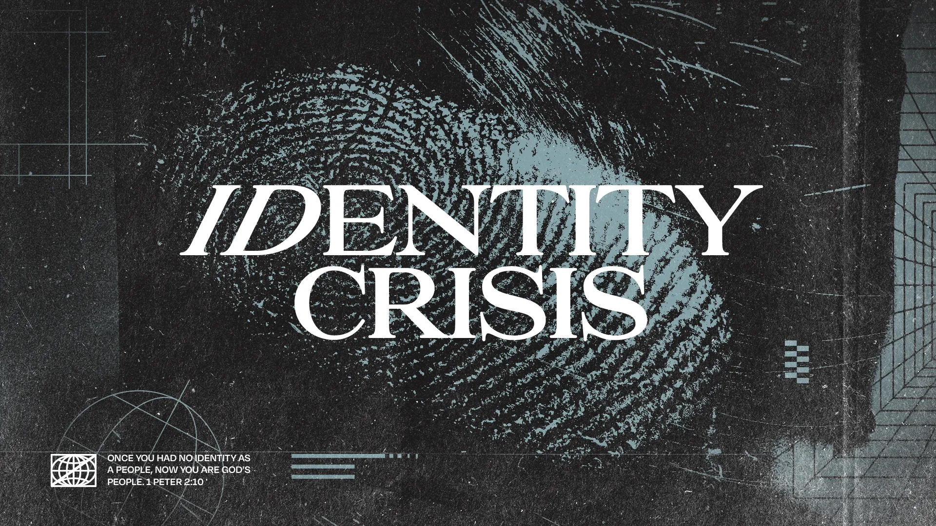 "Bold text 'IDENTITY CRISIS' overlaid on a fingerprint pattern, highlighting themes of faith and belonging in Christ."