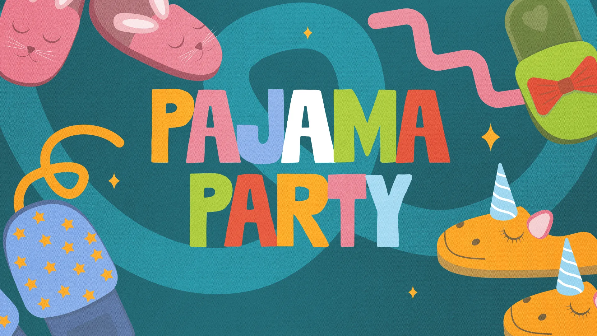 Colorful text "PAJAMA PARTY" surrounded by playful slippers, inviting community fun and fellowship in a joyful setting.