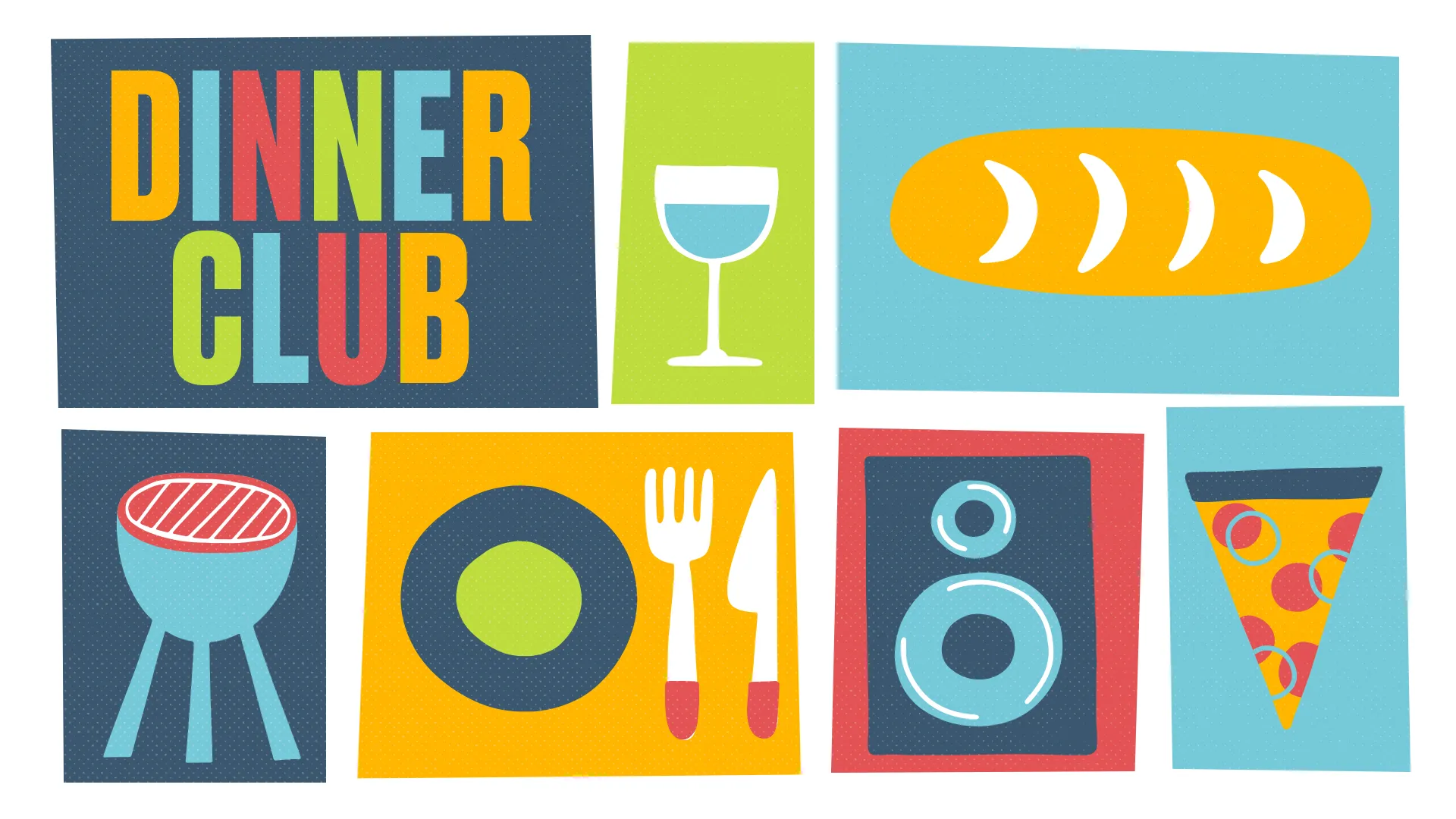 Colorful graphics promoting a church dinner club, featuring food, drink, and community gathering elements.