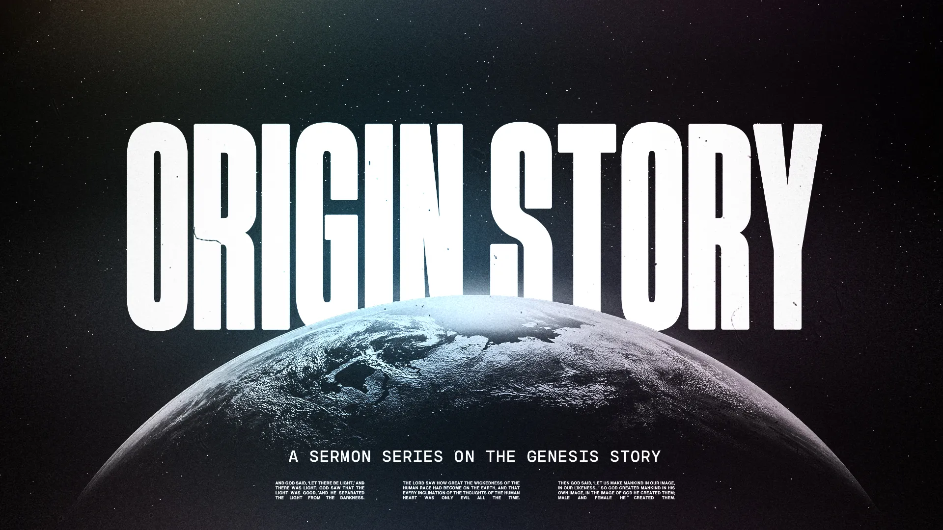 "Title: Origin Story, highlighting a sermon series on Genesis, featuring themes of creation, faith, and divine purpose."