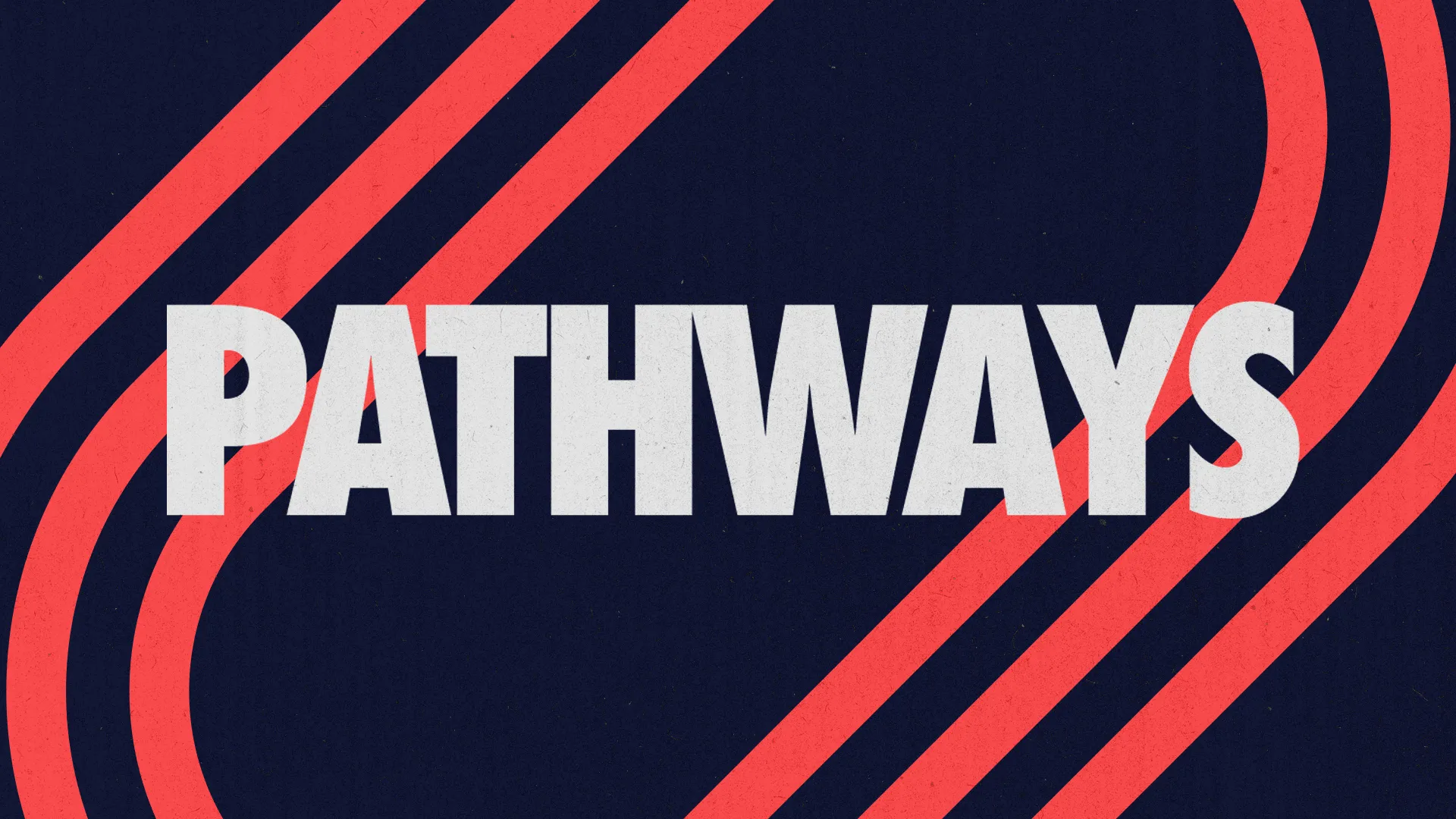Bold white text "PATHWAYS" on a dark background with red curved lines, symbolizing spiritual journeys and community growth.