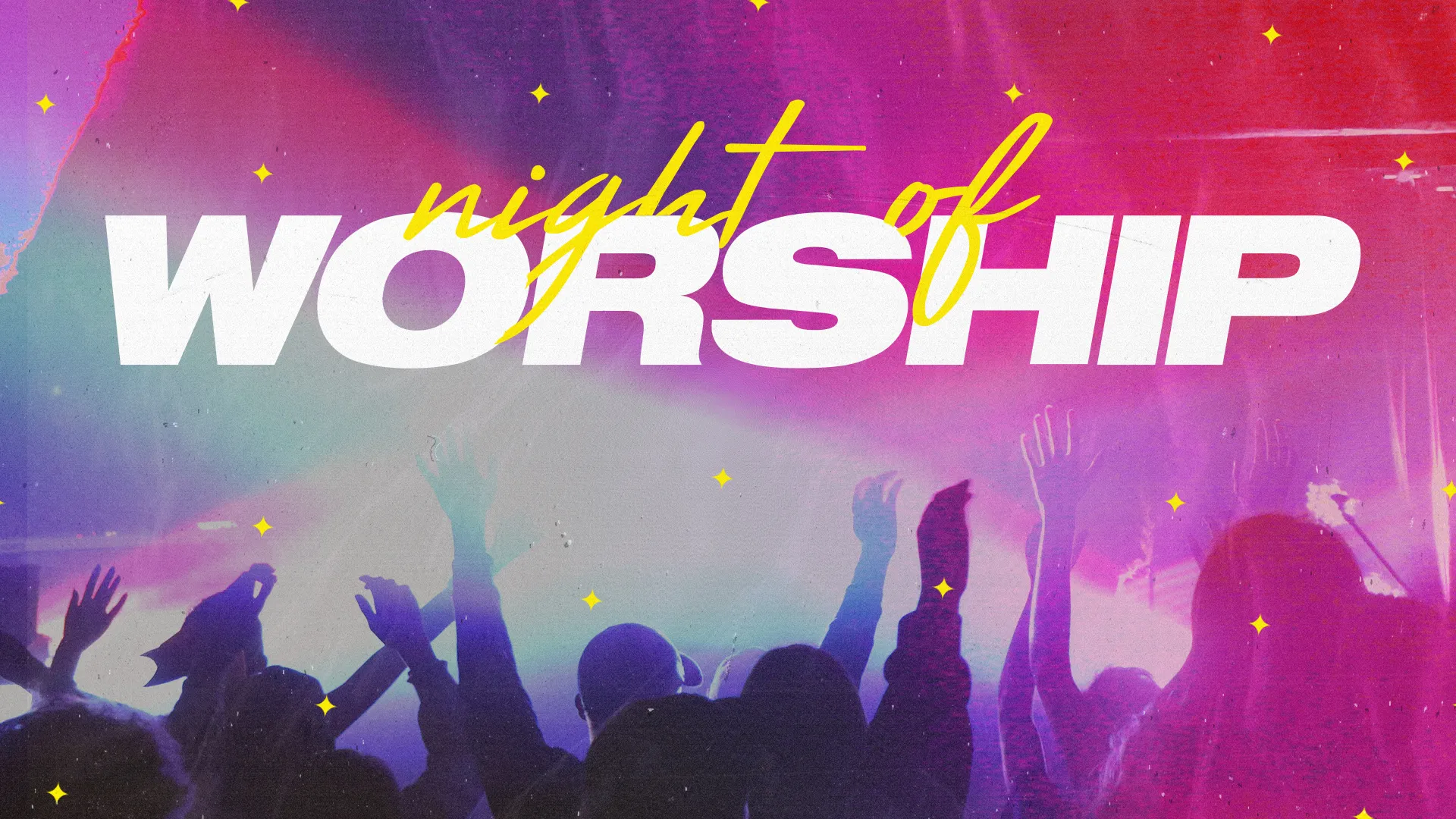 Vibrant crowd with raised hands celebrates a Night of Worship, embodying community and faith in joyful praise.