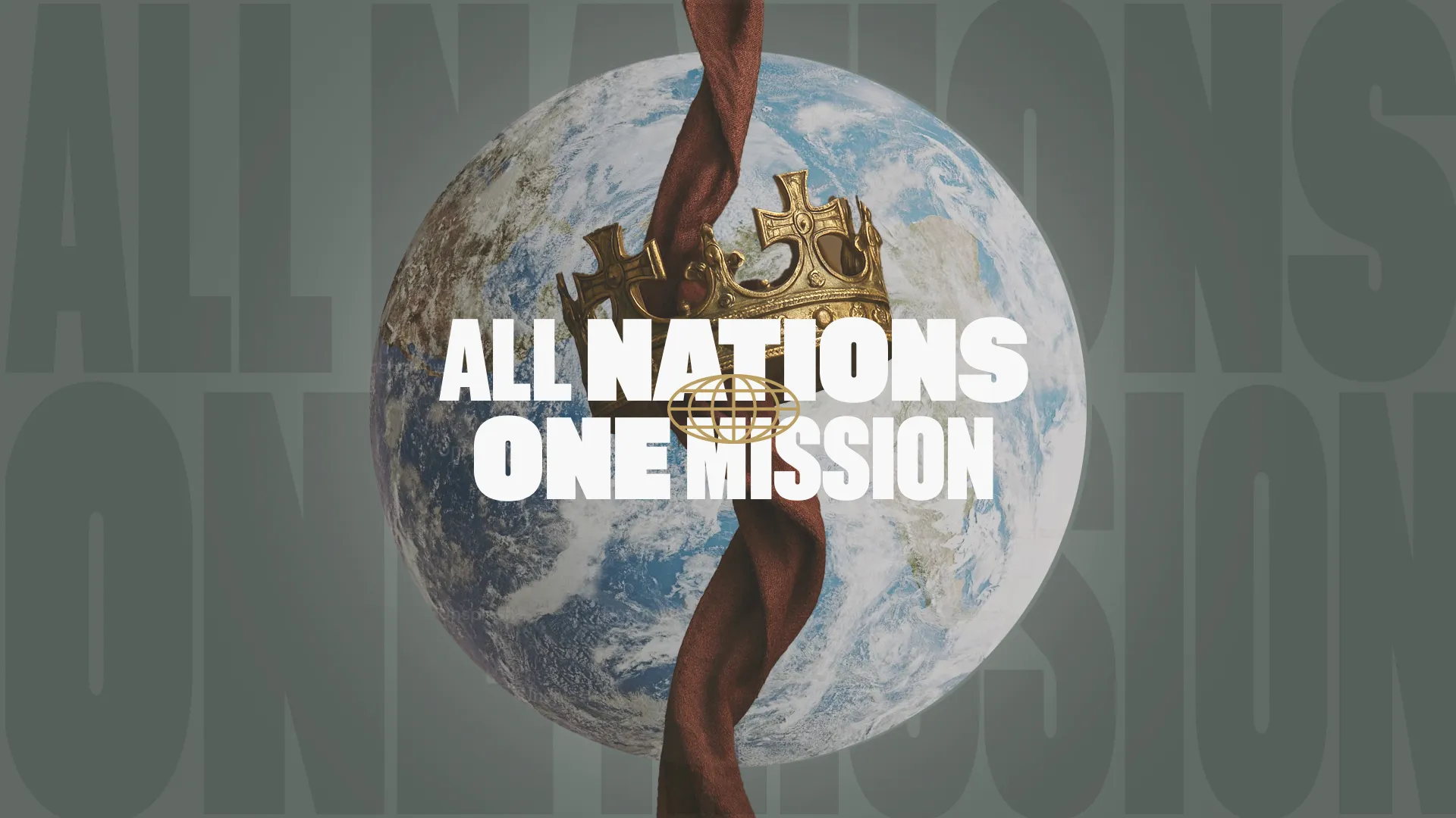 Globe crowned with a golden crown, symbolizing unity in faith and mission across all nations.