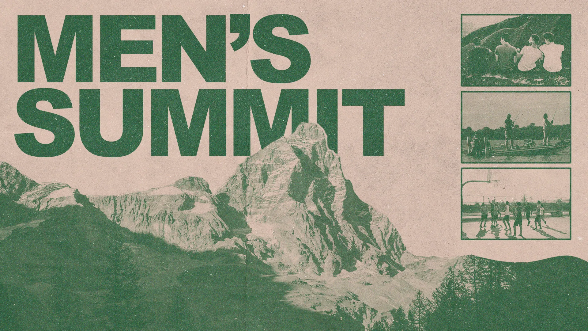 Men's Summit event announcement featuring mountain imagery, fellowship activities, and community engagement opportunities.