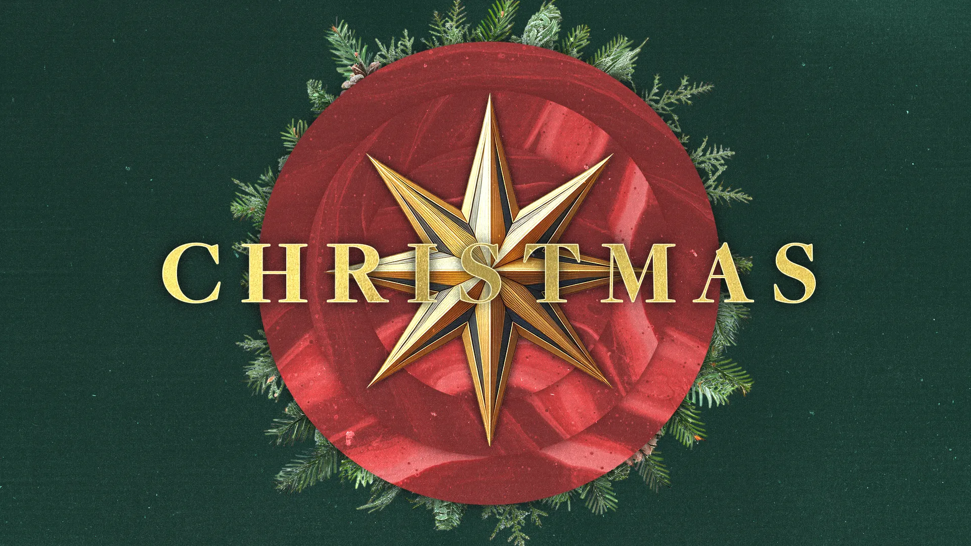 Golden star over a red circle, surrounded by greenery, with the word "CHRISTMAS" prominently displayed, symbolizing hope and faith.