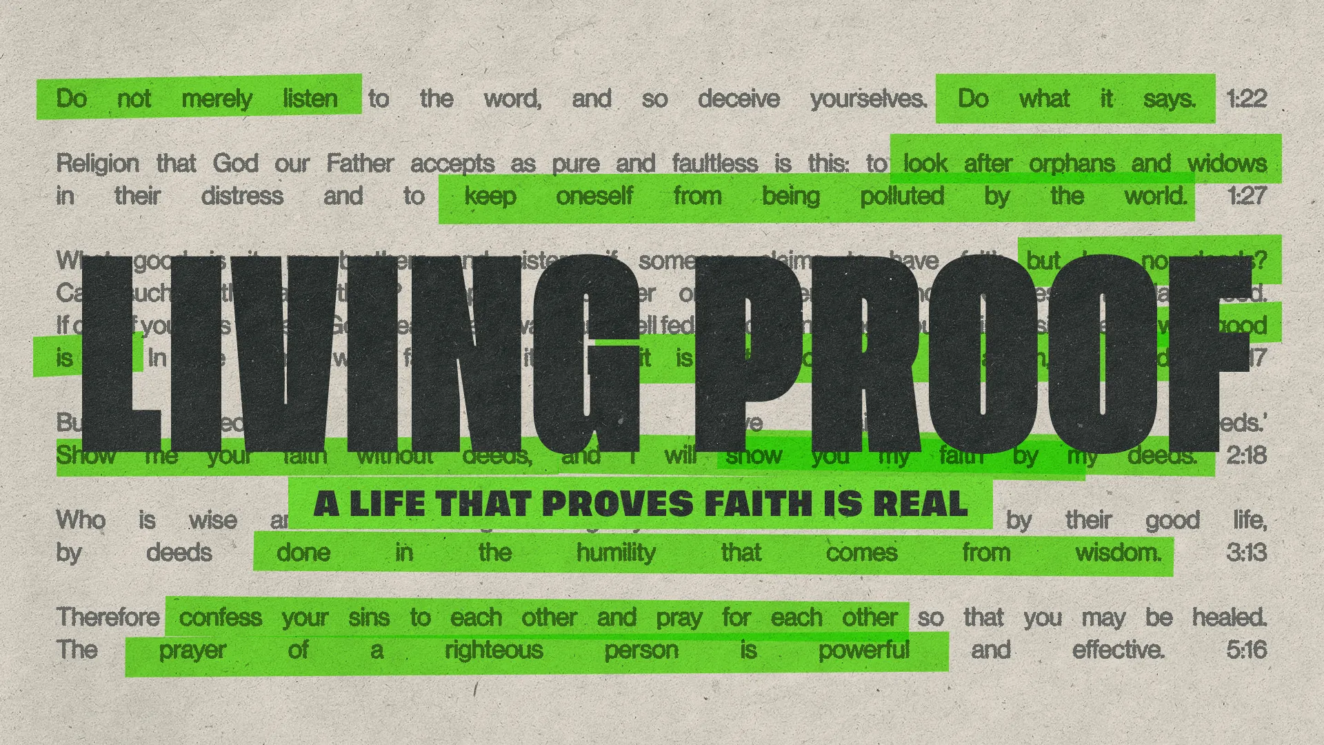 Bold text emphasizes "Living Proof" with a call to action on faith, service, and the power of prayer in community life.