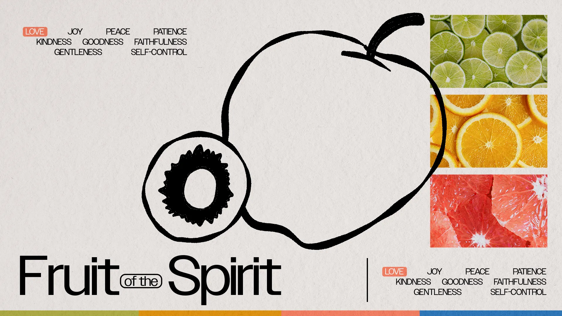 Fruit of the Spirit illustrated with a fruit outline and vibrant images, highlighting love, joy, peace, and kindness.