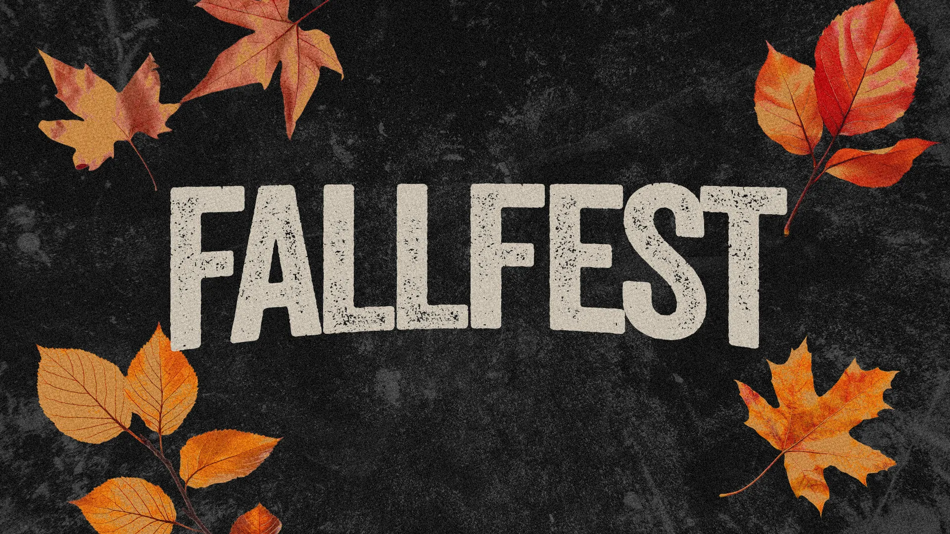 FallFest in bold letters surrounded by colorful autumn leaves, symbolizing community and seasonal celebration in faith.