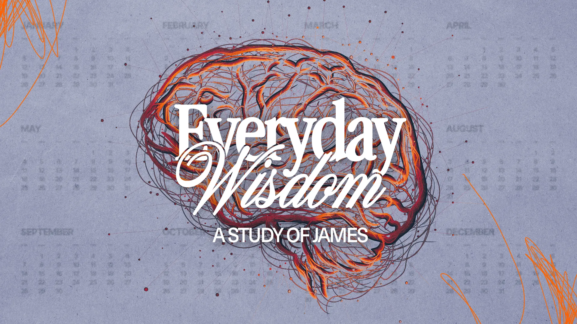 Brain illustration with vibrant lines, featuring the text "Everyday Wisdom: A Study of James," symbolizing faith and insight.