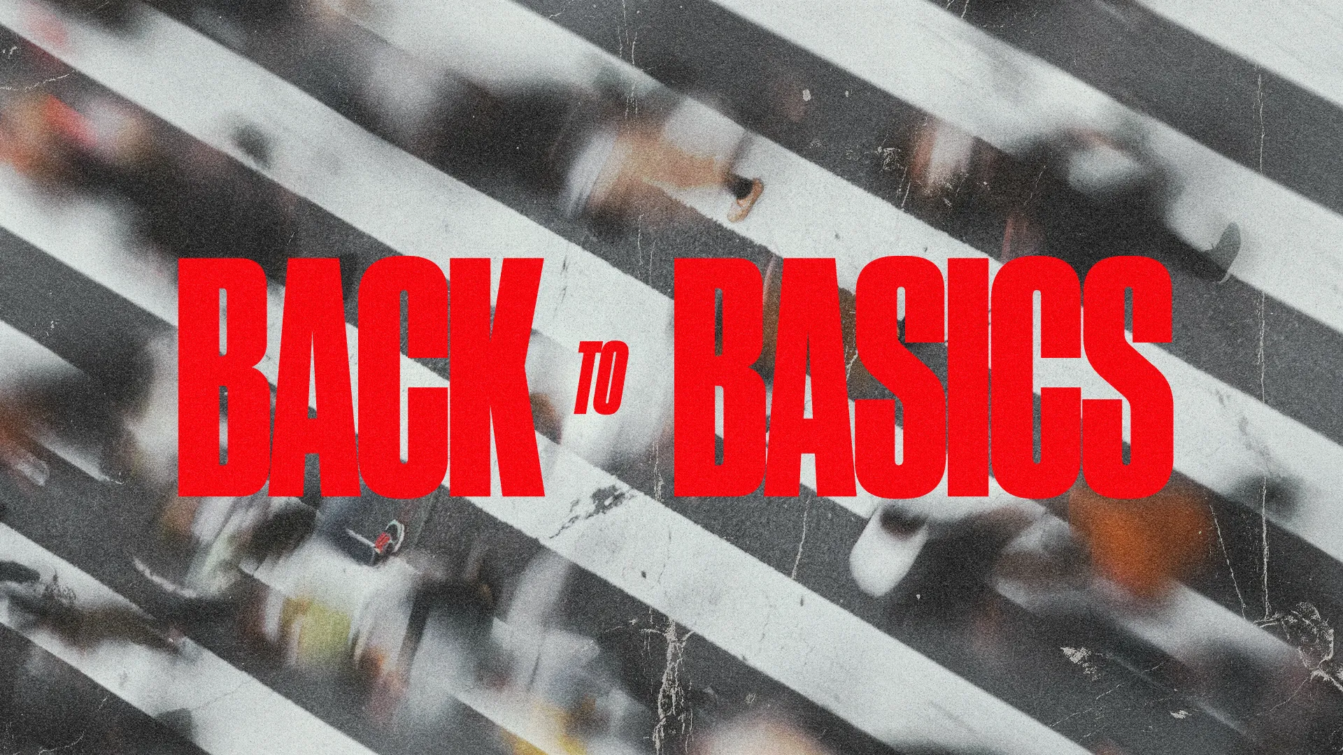 "Dynamic crowd crossing a street, emphasizing community and the journey of faith with bold 'Back to Basics' text."