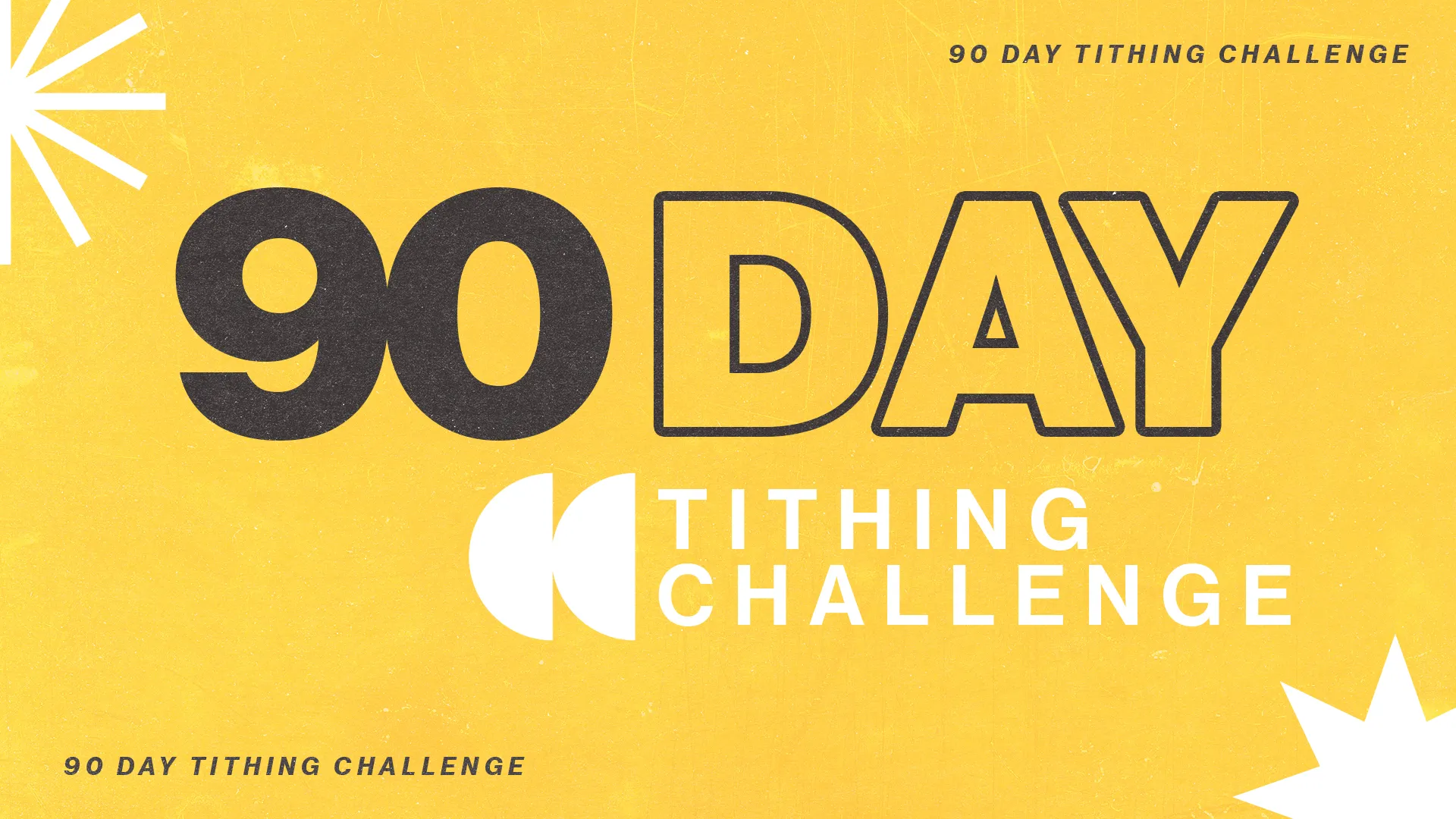 "90-Day Tithing Challenge text on yellow background with stylized sunburst designs, promoting faith and stewardship."