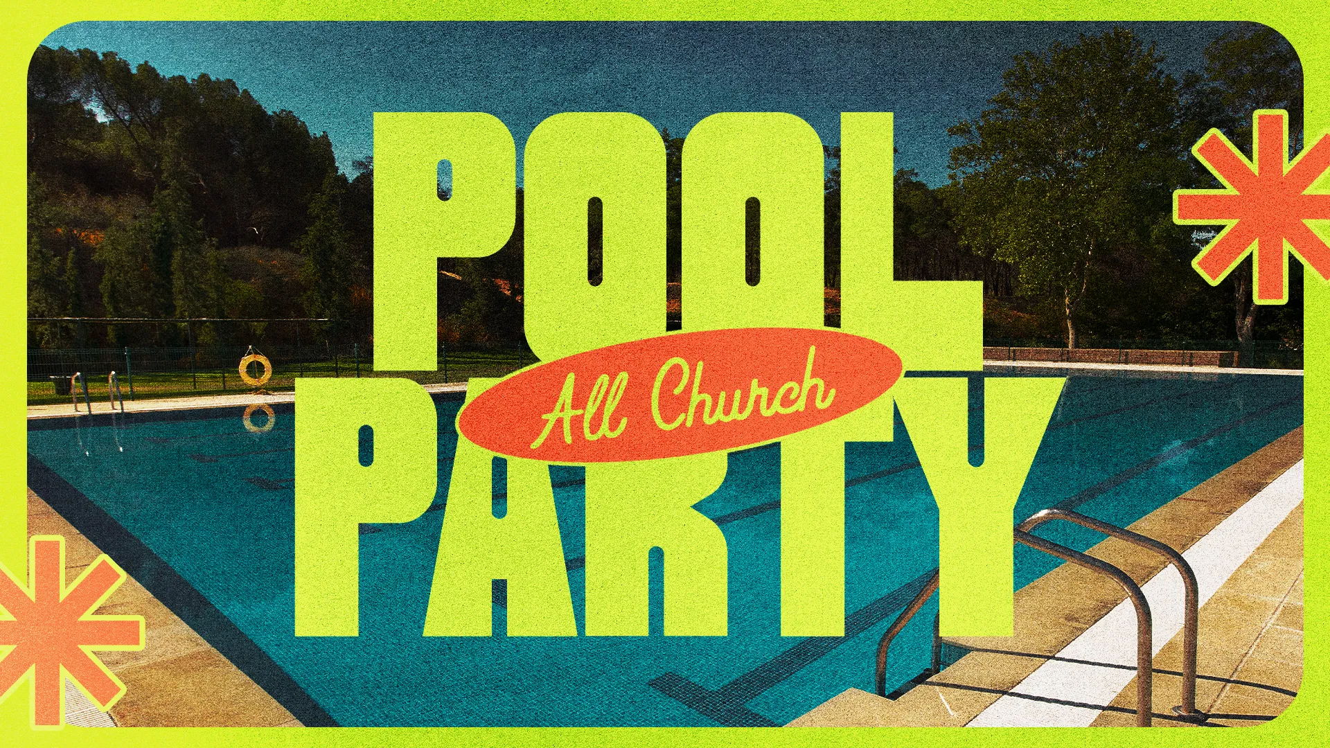 All-Church pool party invitation with bright, lively design, emphasizing community and fellowship.
