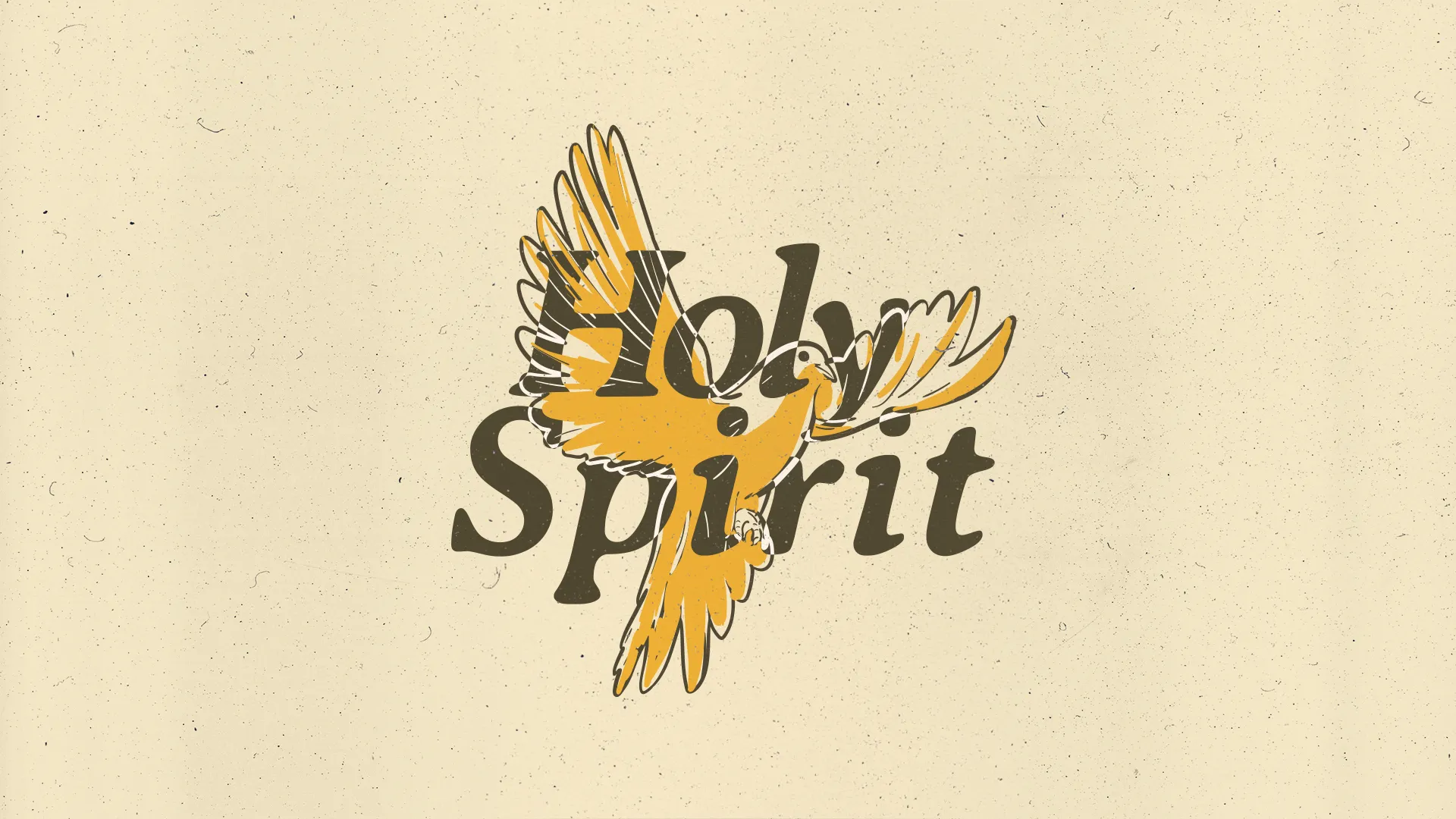 Dove with outstretched wings over "Holy Spirit" text, symbolizing peace and divine presence.