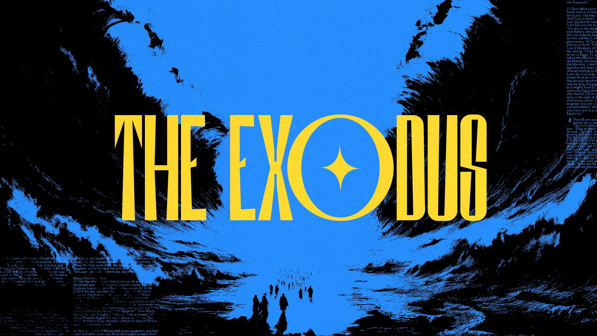 "The Exodus" in yellow with biblical sea parting, figures journeying, symbolizing faith and deliverance.