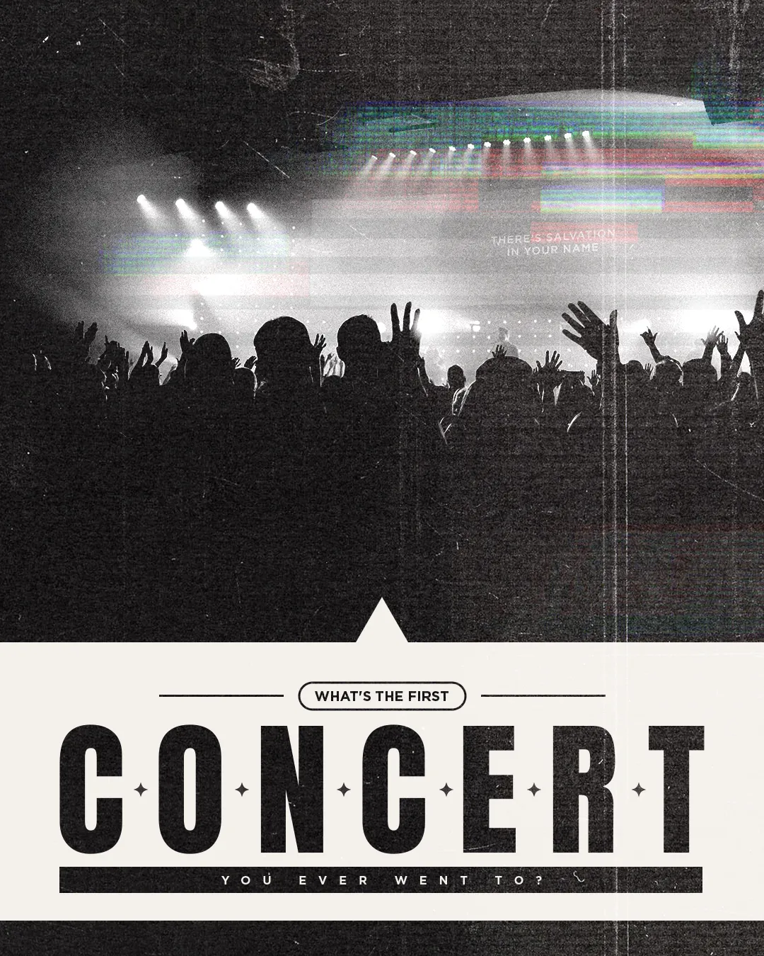 Silhouetted worshippers with raised hands in a concert setting, stage lights, text: "There's Salvation in Your Name".