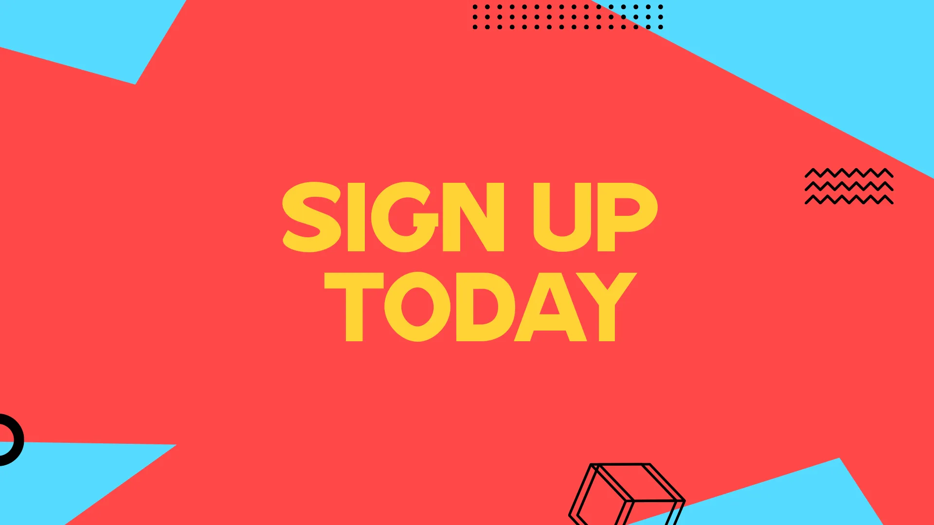 Sign up today for church events; bold red and blue abstract design emphasizes community involvement.