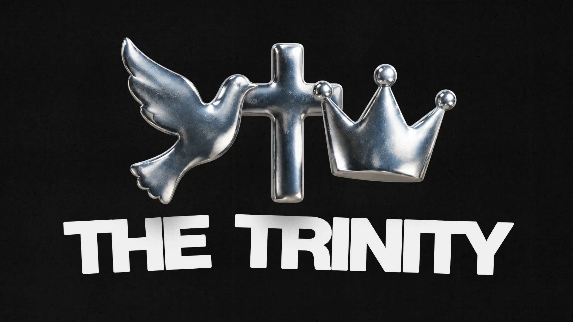 Dove, cross, and crown symbolizing the Trinity, with bold text "THE TRINITY" on a dark background.
