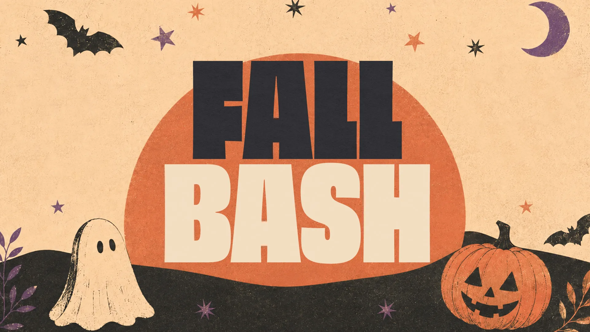 Fall Bash event announcement featuring pumpkins, ghosts, bats, and stars, inviting community for fun and fellowship.