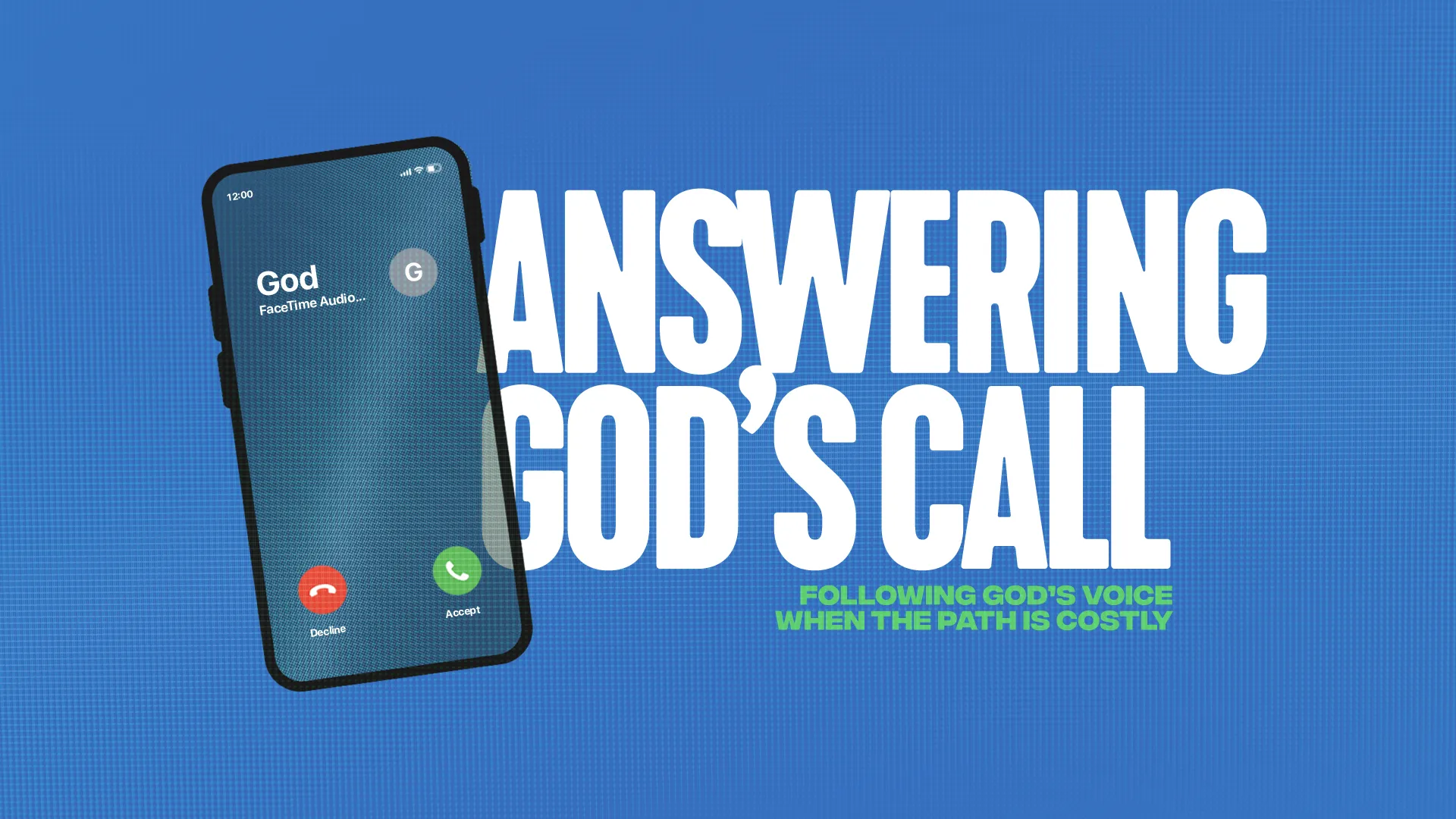 Phone screen displays a call from "God," emphasizing the theme of answering His call amidst challenges.