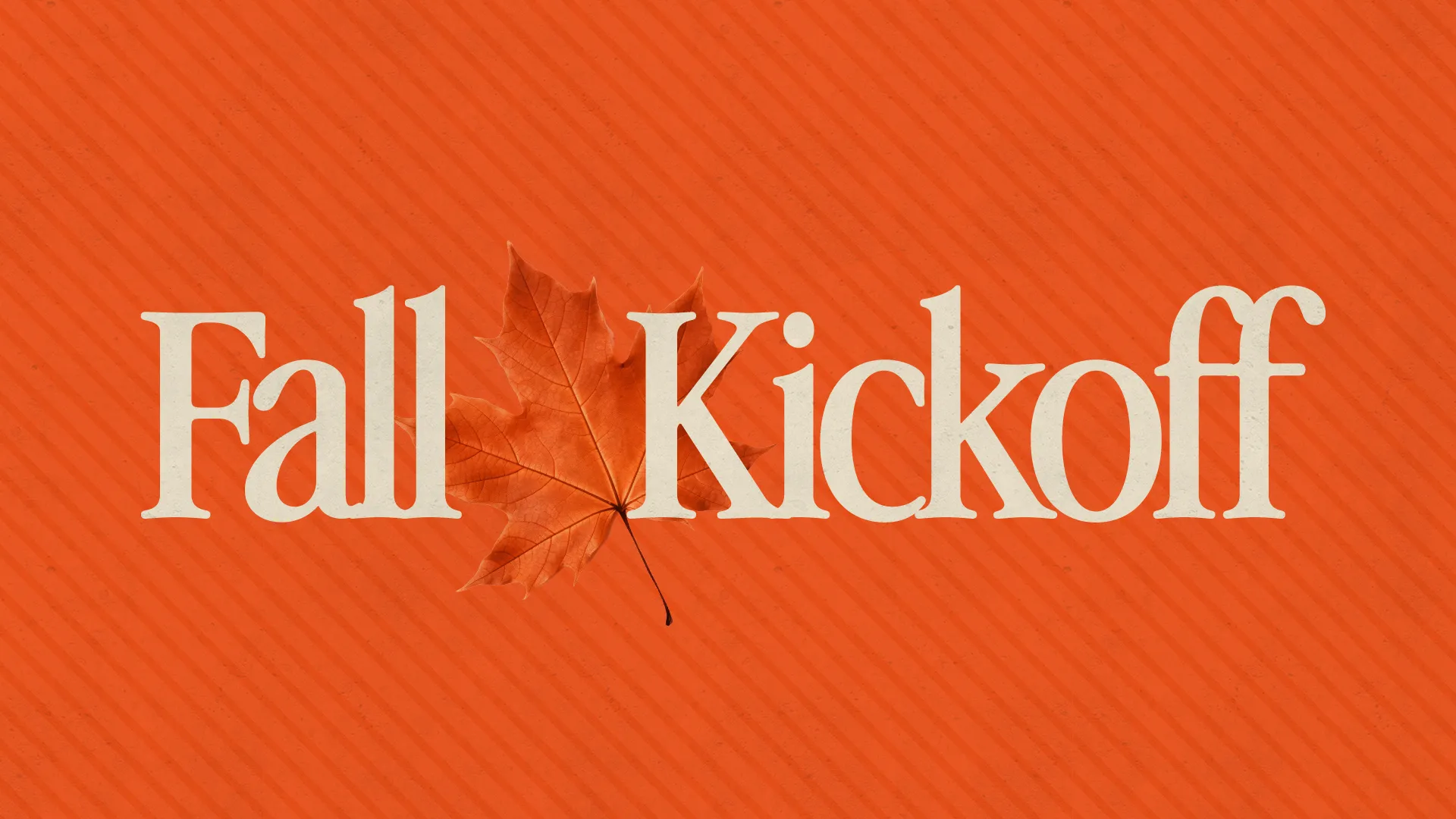 Fall kickoff event announcement with vibrant orange background, featuring a maple leaf and details for location, date, and time.