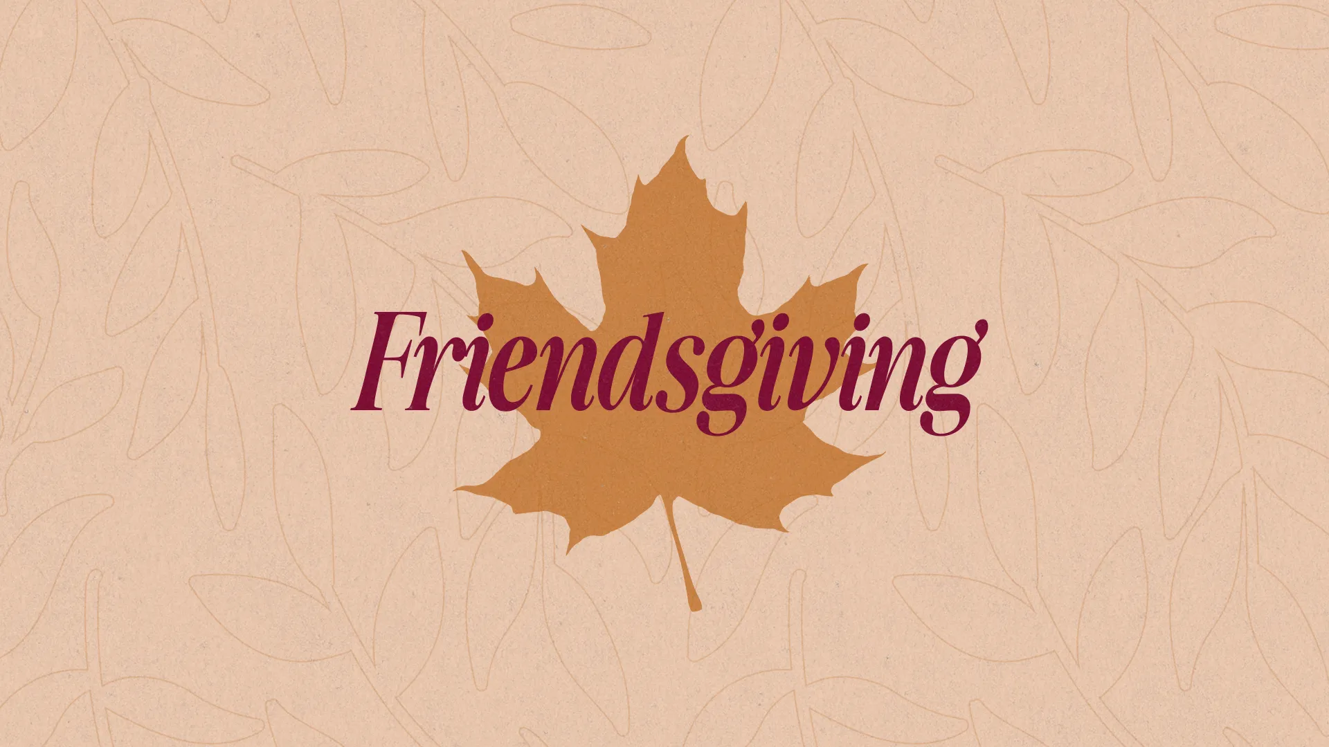 Warm autumn leaf with "Friendsgiving" text, symbolizing community, gratitude, and fellowship in faith.