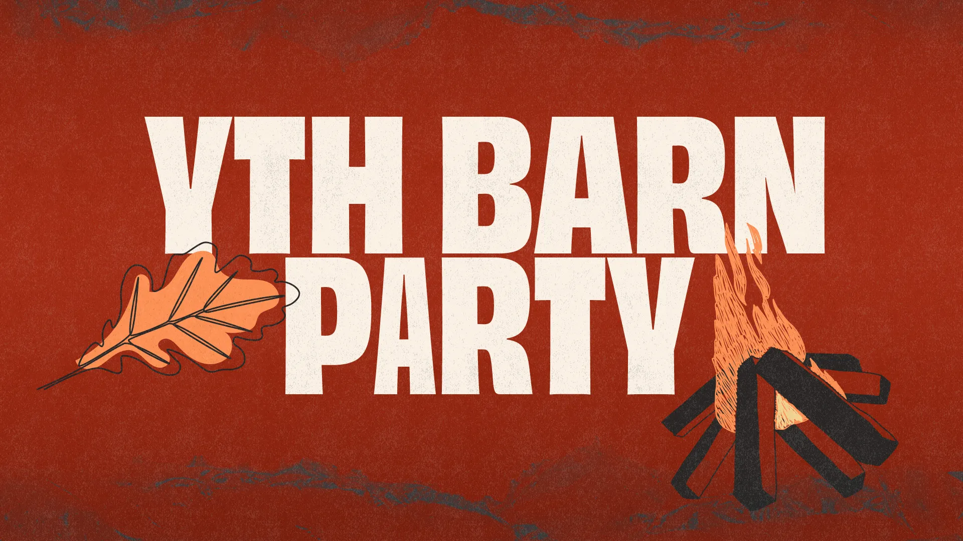 Youth barn party announcement with autumn leaves and a campfire, inviting community and fellowship in faith.