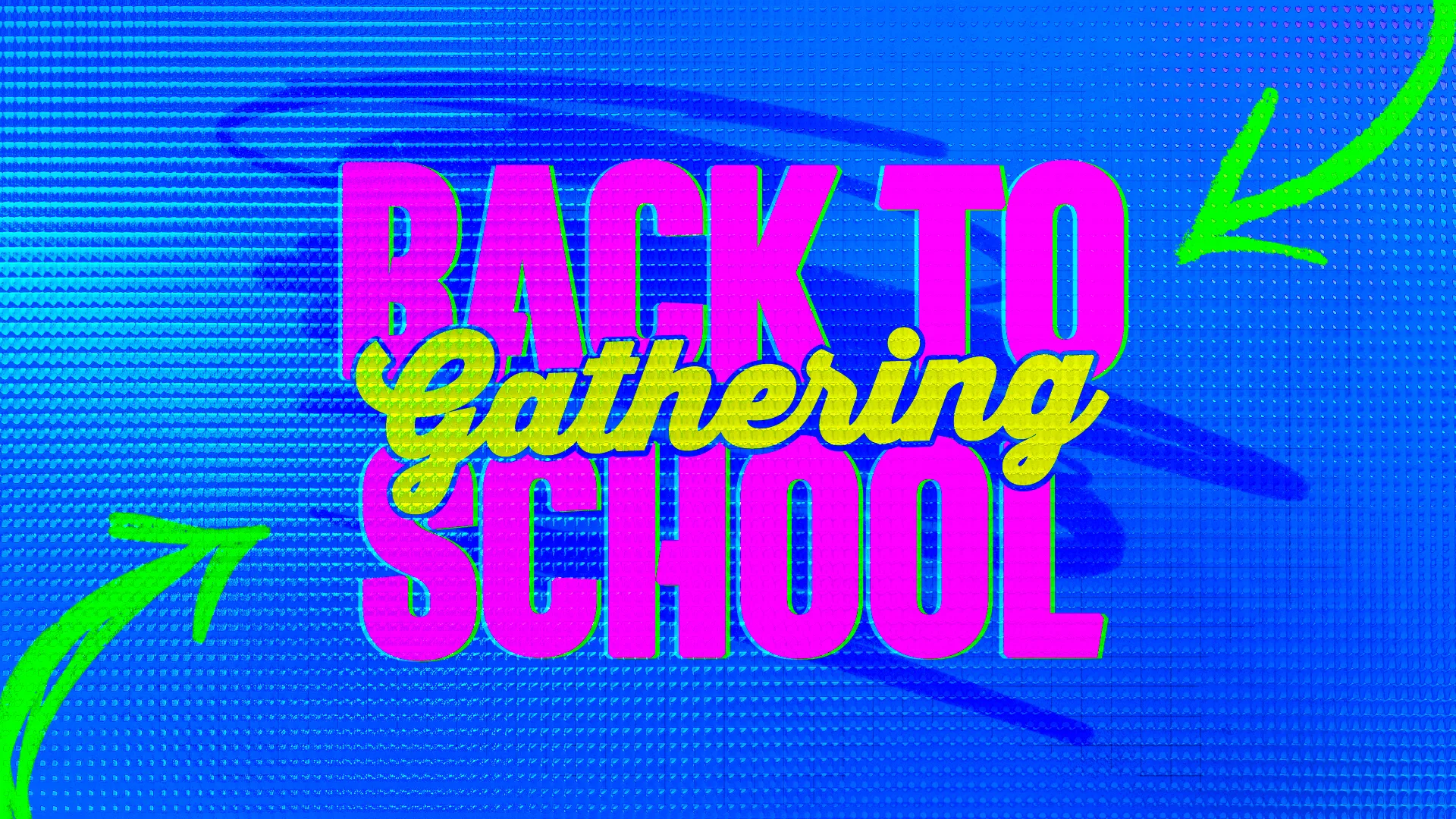 "Back to Gathering School" text with vibrant colors and arrows, symbolizing community and fellowship in faith gatherings.