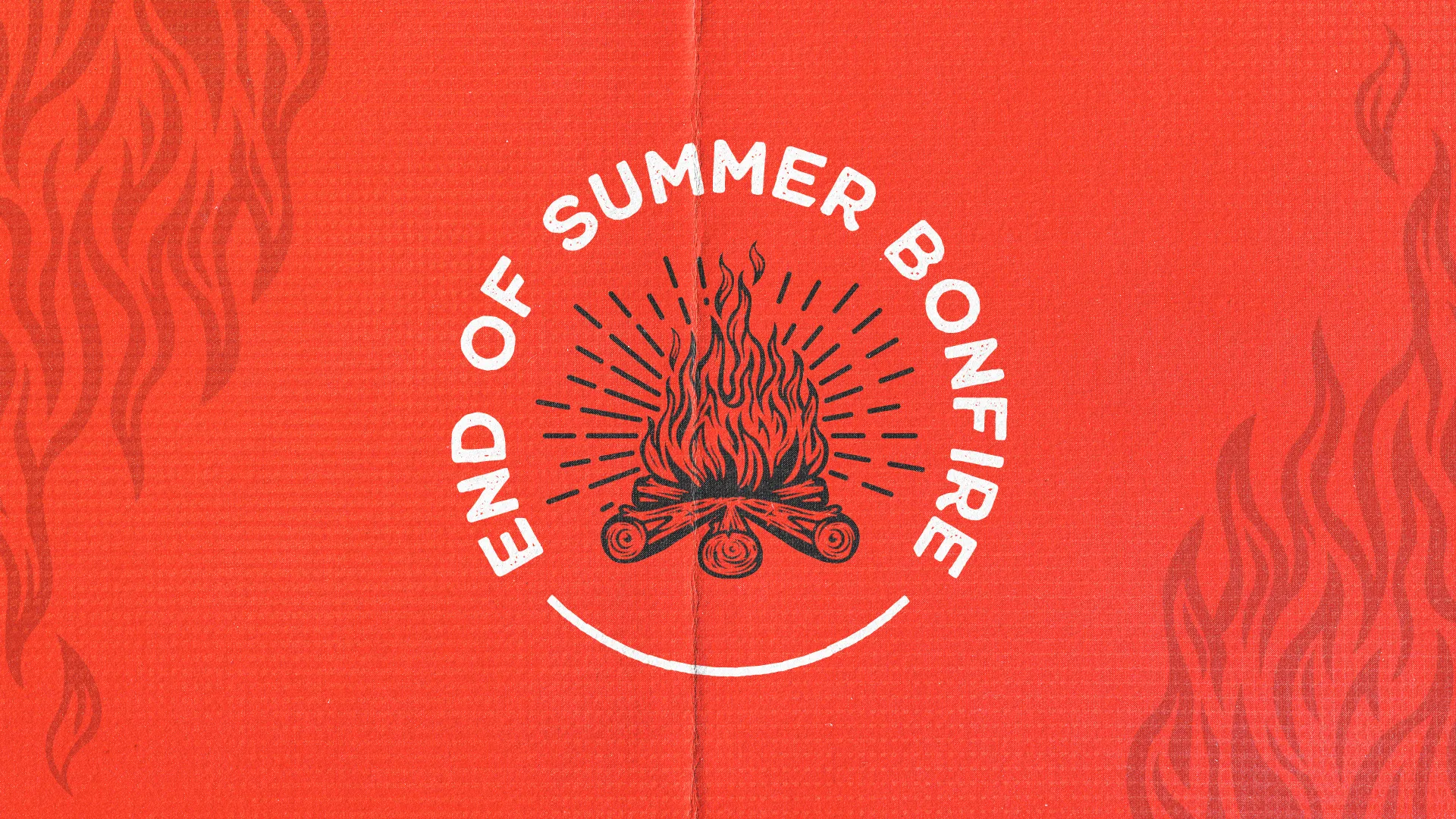 End of Summer Bonfire invitation with central flame illustration, promoting community gathering and fellowship.
