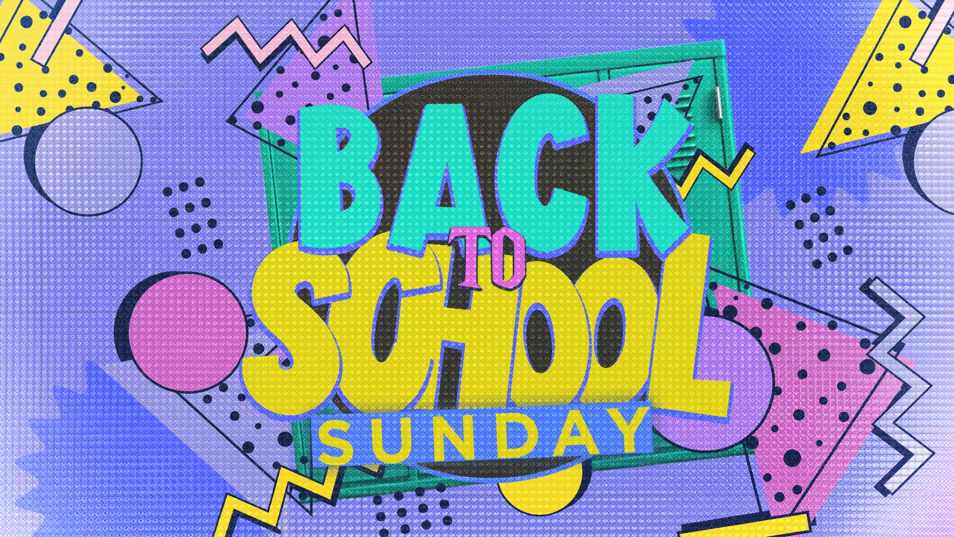 "Back to School Sunday in colorful geometric design, celebrating community and new beginnings in faith."