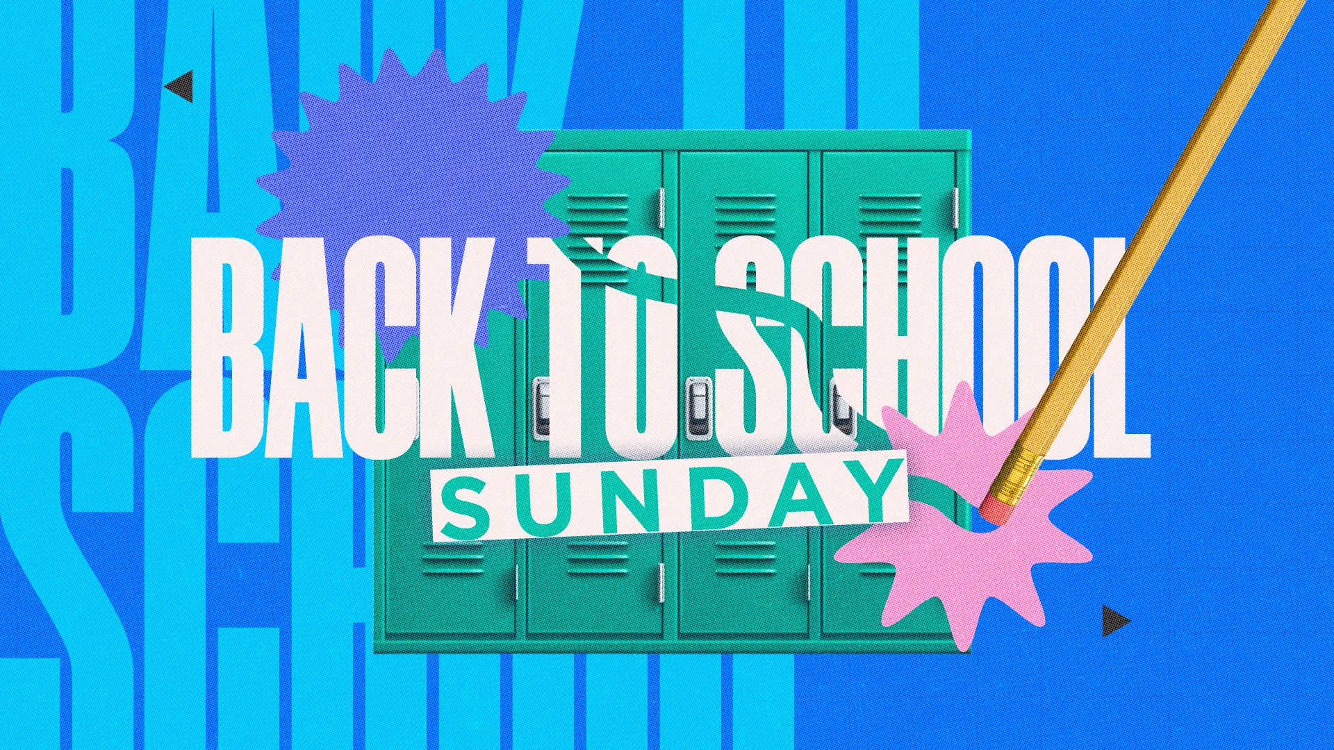 Back to School Sunday with lockers, pencil, vibrant colors, church community focus on education and youth involvement.