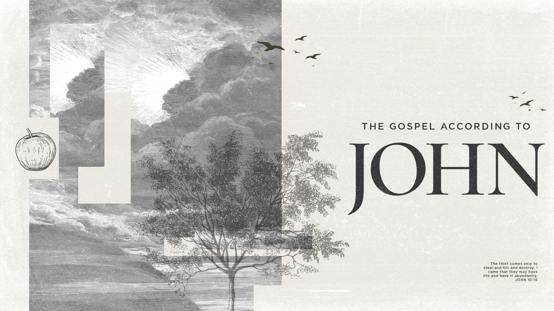 Sunburst through clouds, tree, apple, birds; text: "The Gospel According to John," embodying spiritual enlightenment.