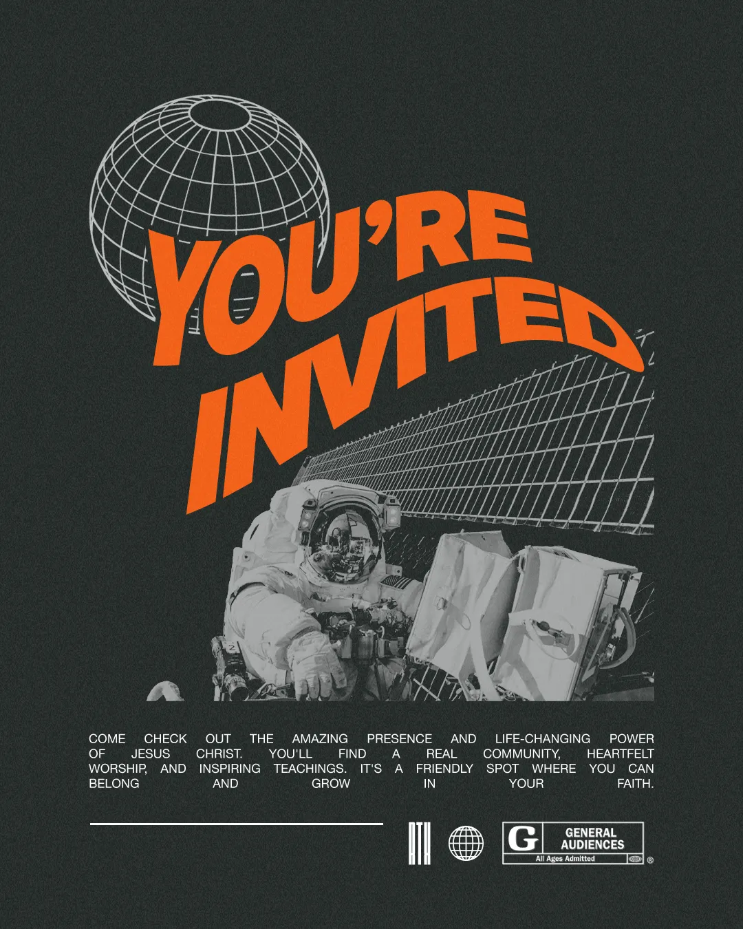You're invited message with astronaut illustration, encouraging community, faith, heartfelt worship, and Jesus' presence.