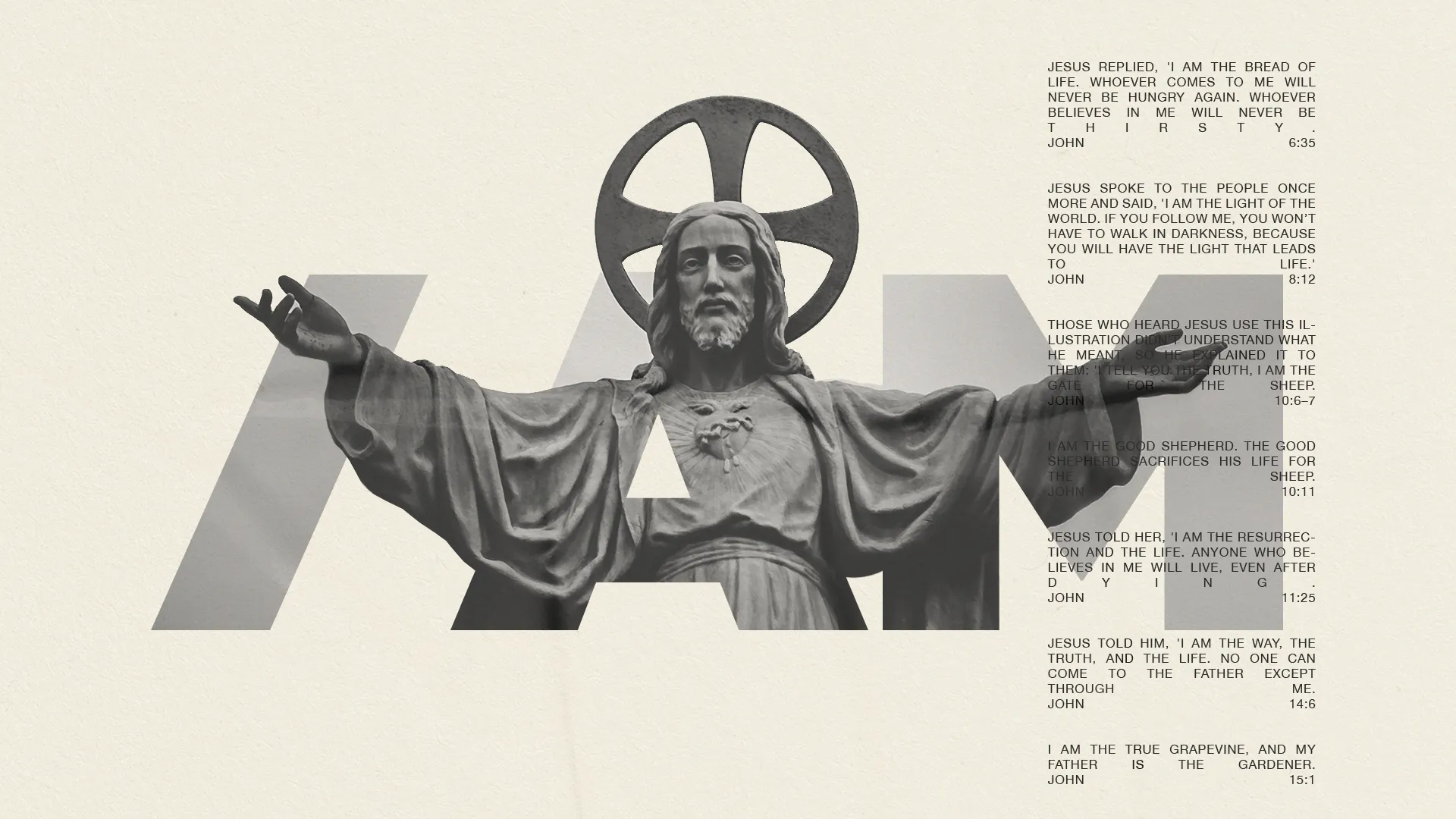 Statue of Christ with outstretched arms, surrounded by biblical "I Am" statements, symbolizing spiritual guidance and faith.