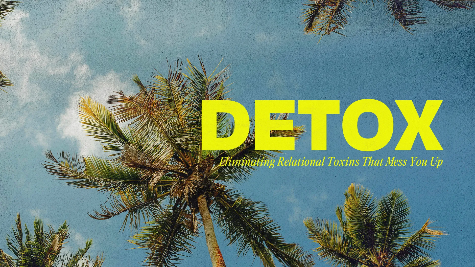 Palm trees under a blue sky with "Detox: Eliminating Relational Toxins" conveying spiritual renewal and community growth.